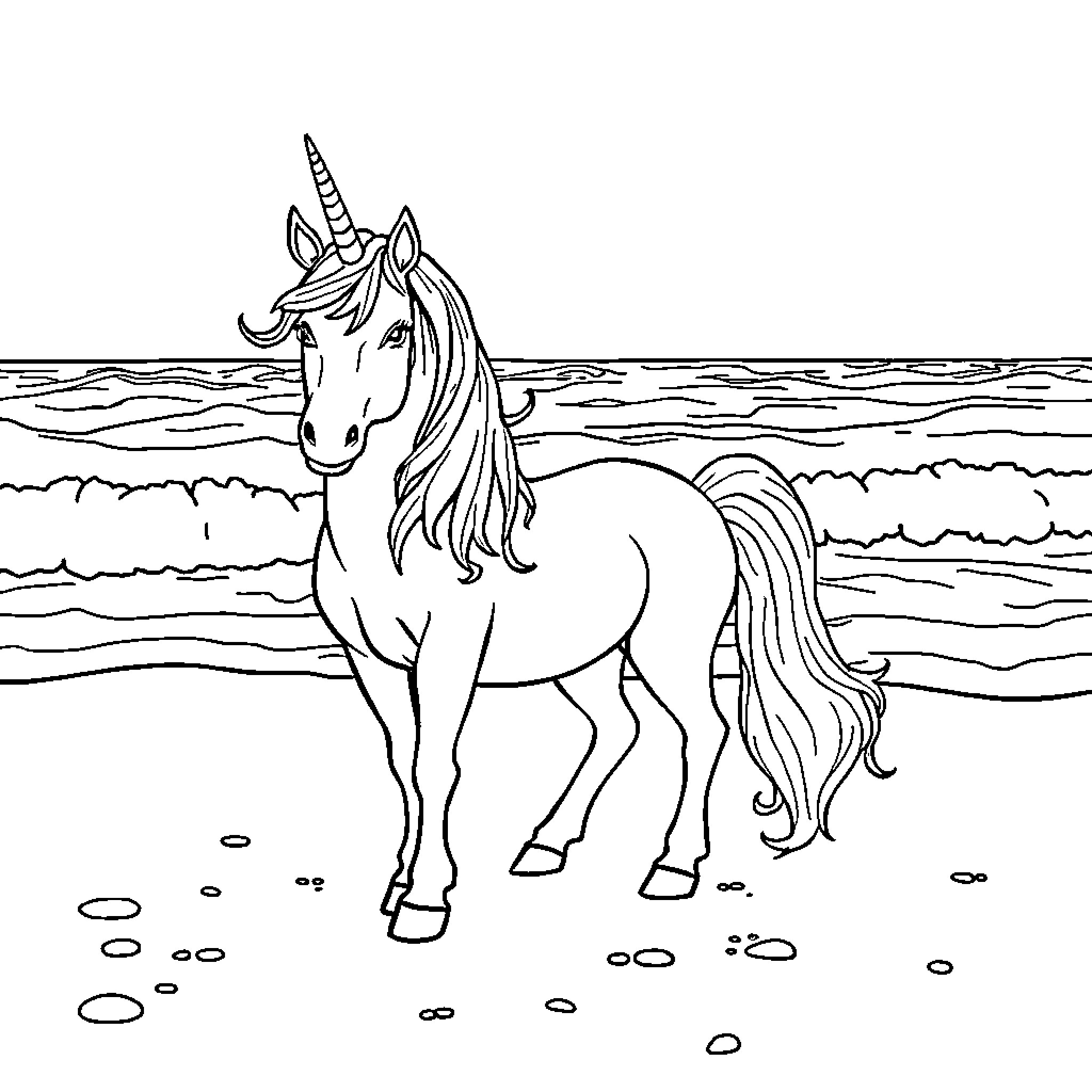 Unicorn galloping along the shore Coloring Page (free black-and-white line drawing printable PDF for all, from beginners to advanced learners, including children, teens, adults, and seniors)