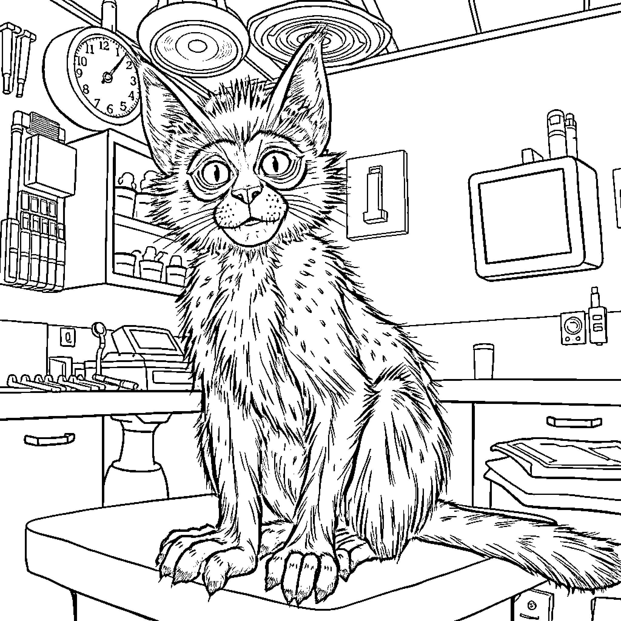 Mutant Monkey Cat in Messy Office Environment Coloring Page (free black-and-white line drawing printable PDF for all, from beginners to advanced learners, including children, teens, adults, and seniors)
