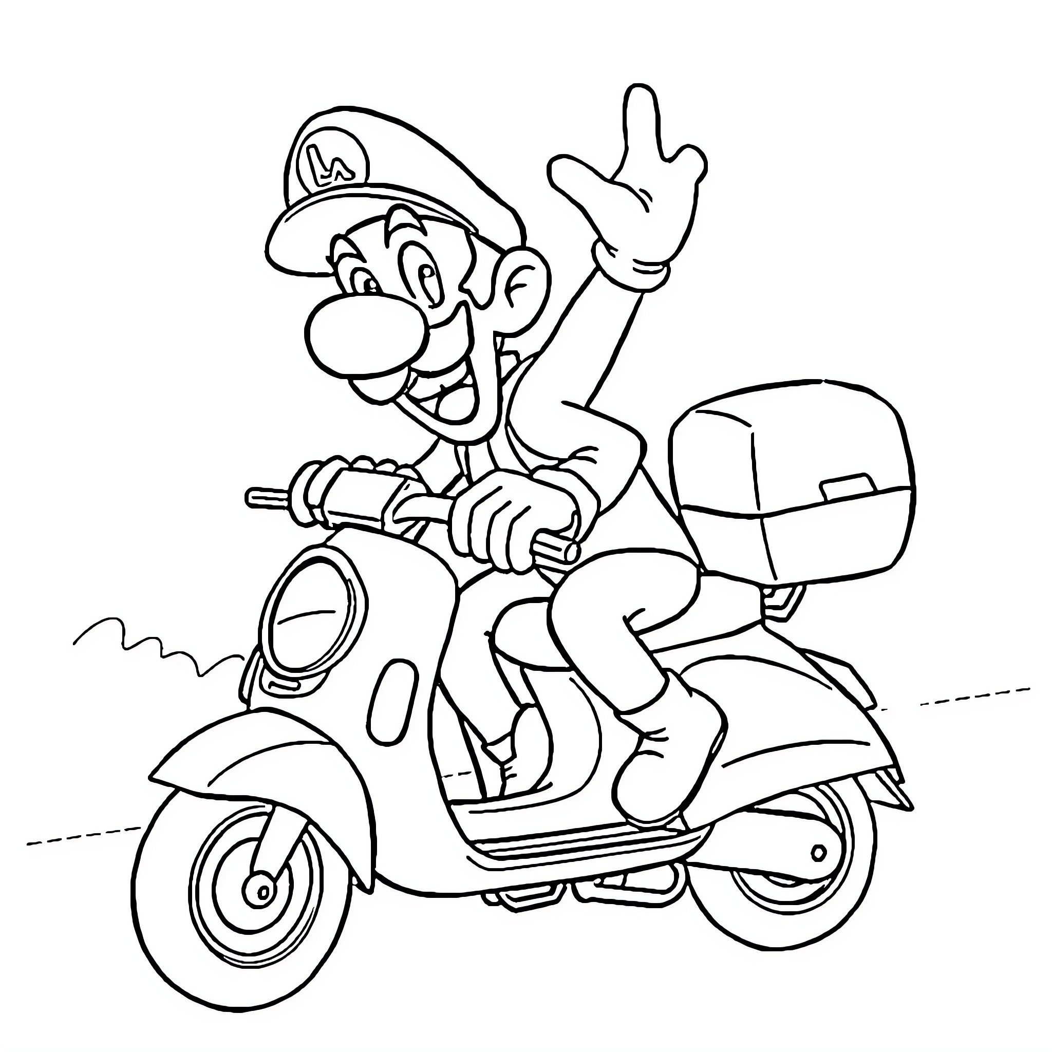 Waluigi riding a scooter with enthusiasm Coloring Page (free black-and-white line drawing printable PDF for all, from beginners to advanced learners, including children, teens, adults, and seniors)