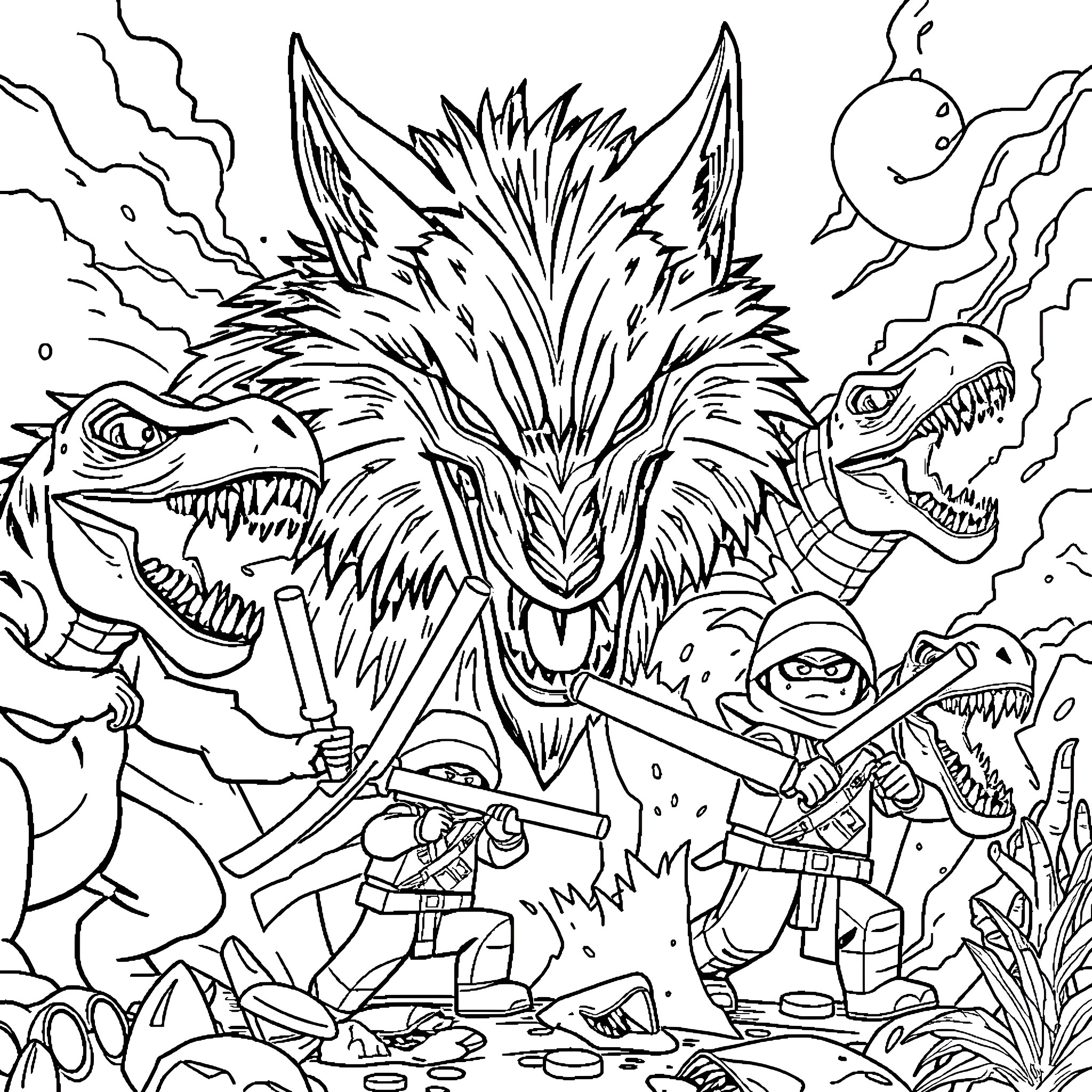 Wolf Warriors Battling Ferocious Creatures Coloring Page (free black-and-white line drawing printable PDF for all, from beginners to advanced learners, including children, teens, adults, and seniors)