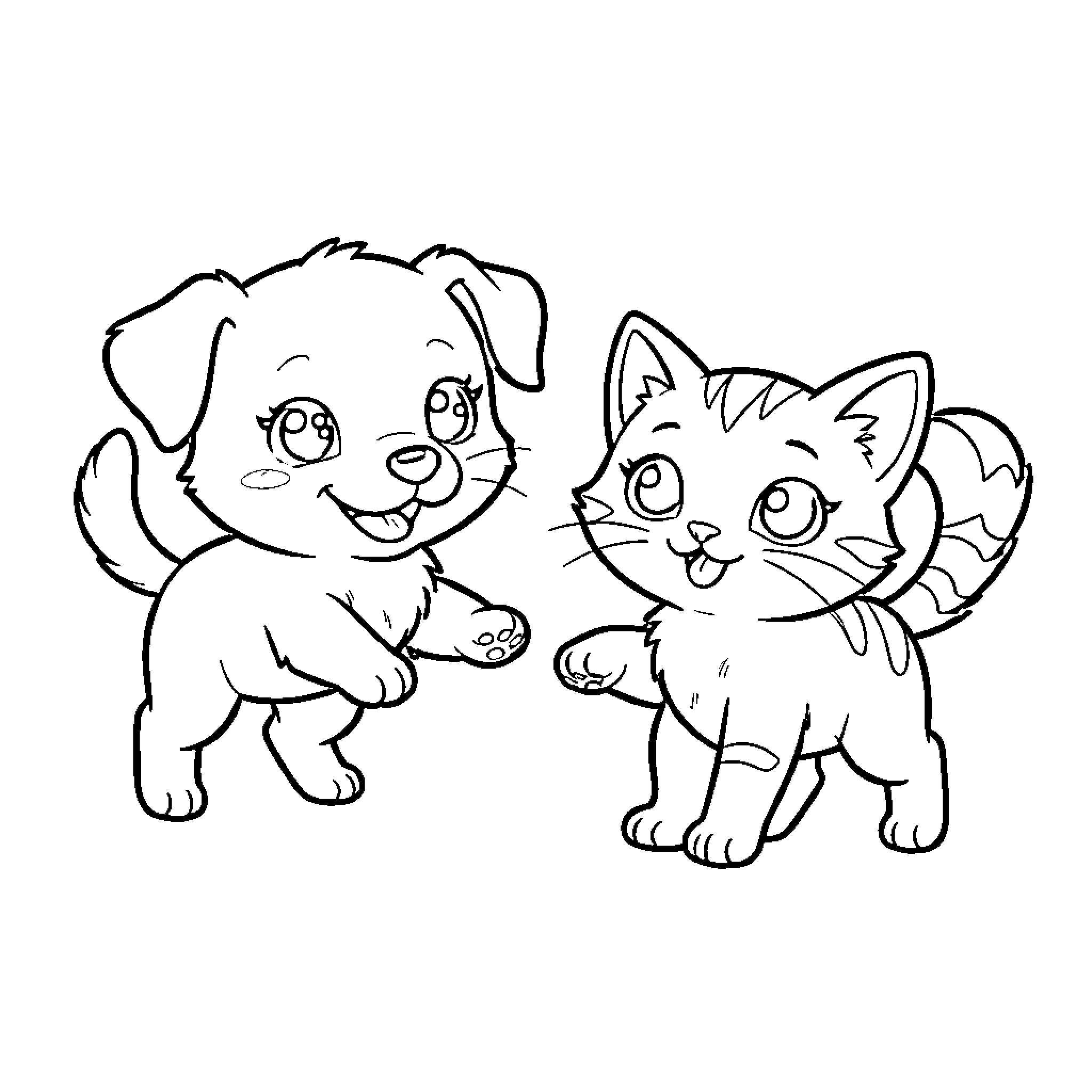 Dog and Cat playing together happily Coloring Page (free black-and-white line drawing printable PDF for all, from beginners to advanced learners, including children, teens, adults, and seniors)