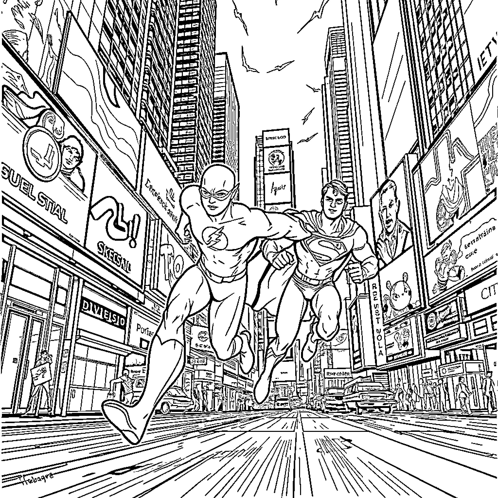 Flash Heroes Battle in the City Coloring Page (free black-and-white line drawing printable PDF for all, from beginners to advanced learners, including children, teens, adults, and seniors)