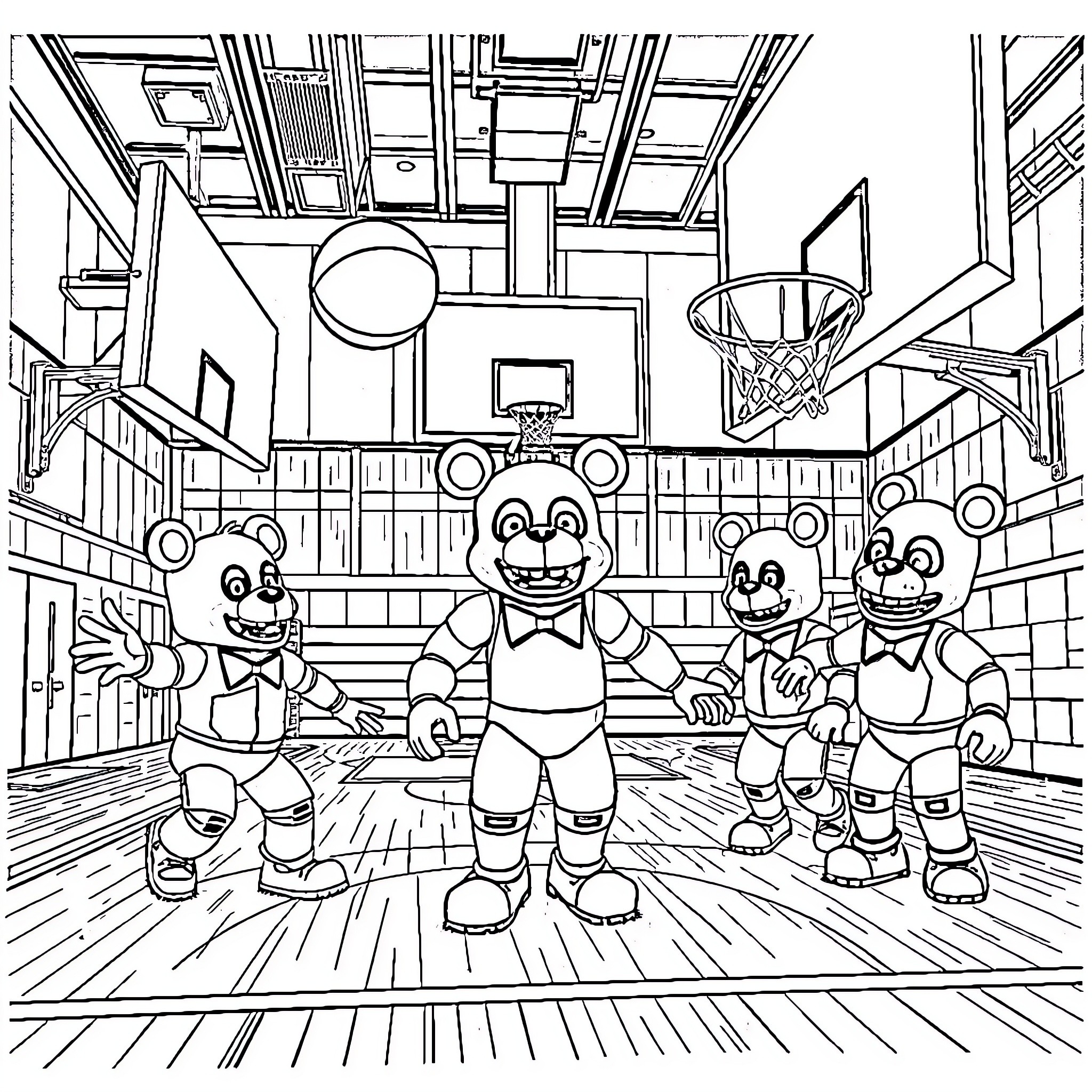 Freddy's Basketball Adventure with Friends Coloring Page (free black-and-white line drawing printable PDF for all, from beginners to advanced learners, including children, teens, adults, and seniors)