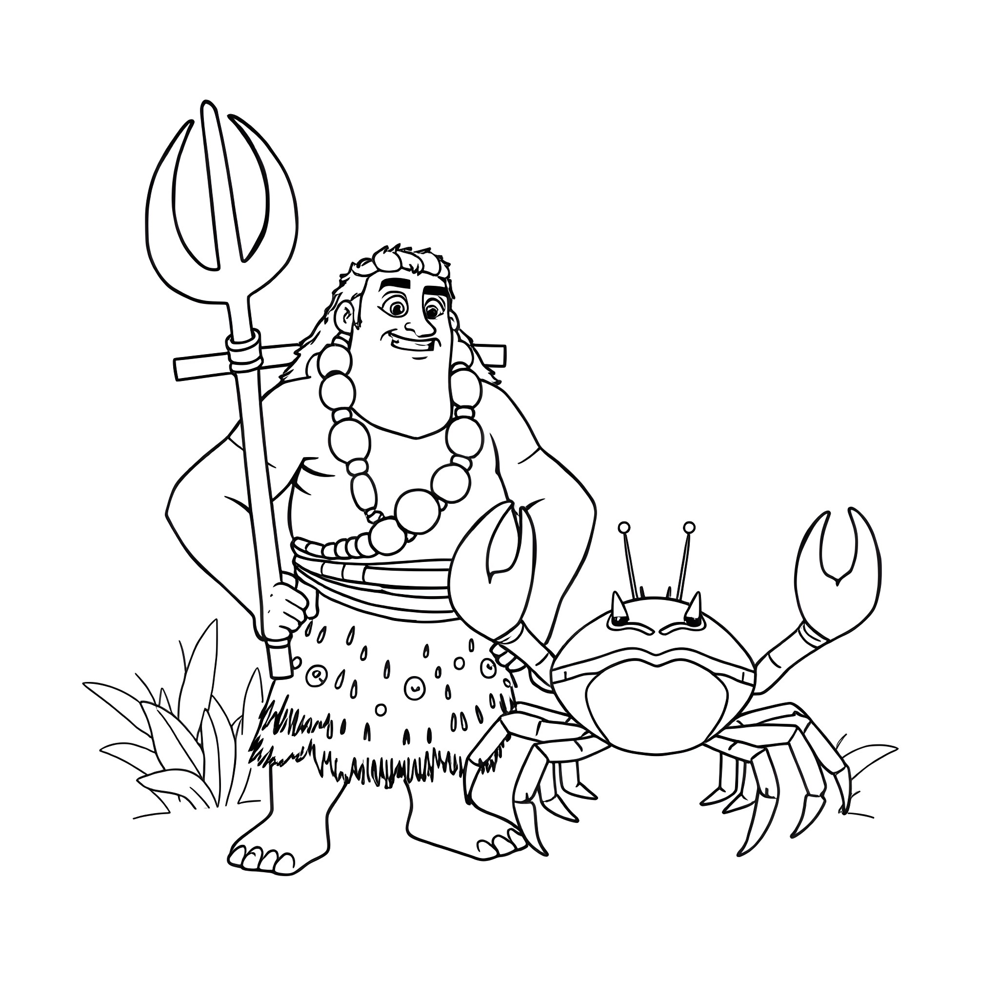 Maui exploring the ocean with a crab companion Coloring Page (free black-and-white line drawing printable PDF for all, from beginners to advanced learners, including children, teens, adults, and seniors)