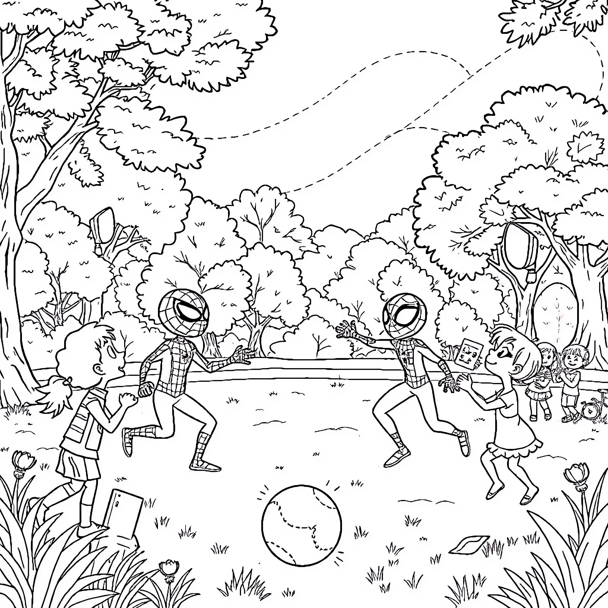 Spider characters playing together in the forest Coloring Page (free black-and-white line drawing printable PDF for all, from beginners to advanced learners, including children, teens, adults, and seniors)