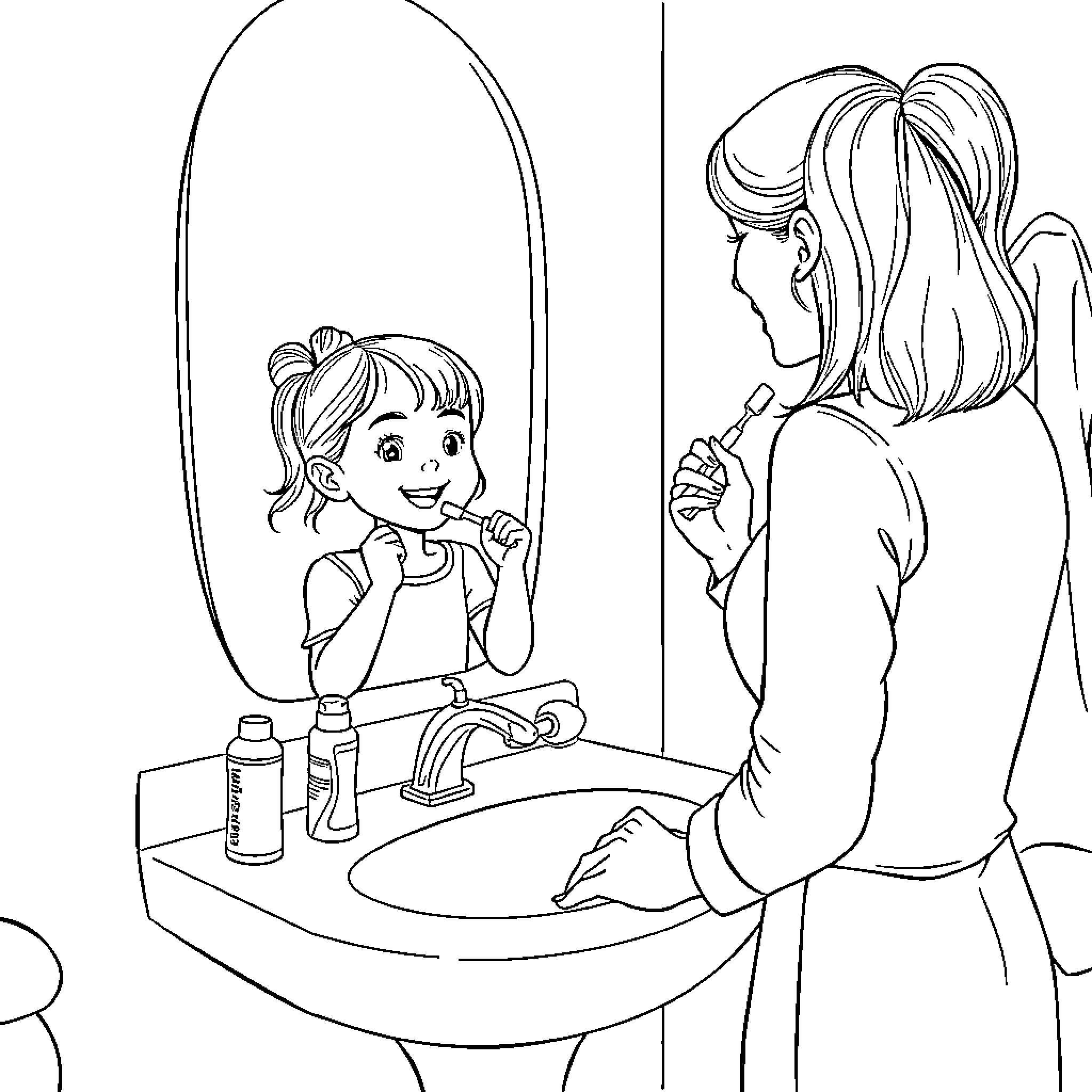 Child and Mother Sharing a Bathroom Moment Coloring Page (free black-and-white line drawing printable PDF for all, from beginners to advanced learners, including children, teens, adults, and seniors)