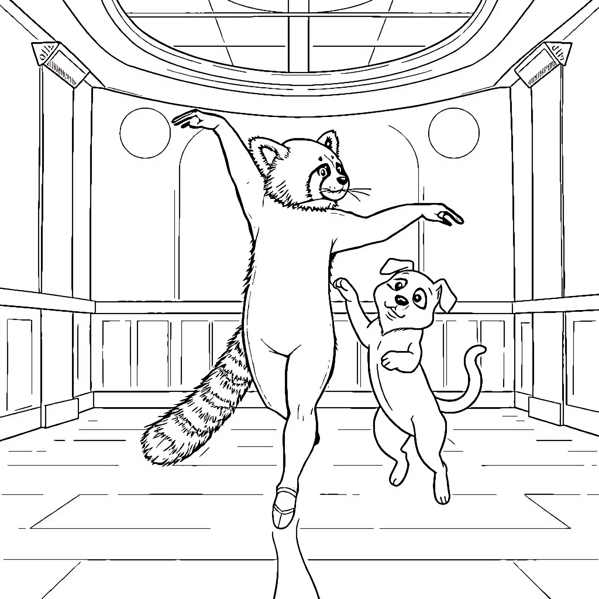 Red Panda performing acrobatic tricks with pet Coloring Page (free black-and-white line drawing printable PDF for all, from beginners to advanced learners, including children, teens, adults, and seniors)