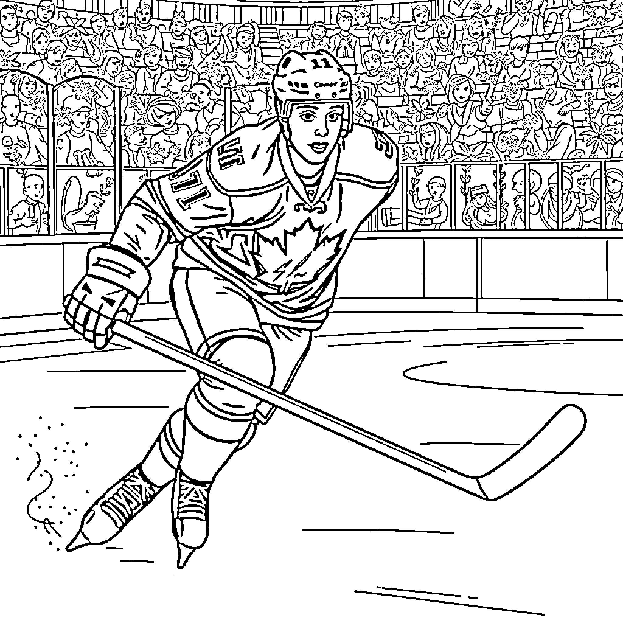Cale Makar playing ice hockey on the rink Coloring Page (free black-and-white line drawing printable PDF for all, from beginners to advanced learners, including children, teens, adults, and seniors)