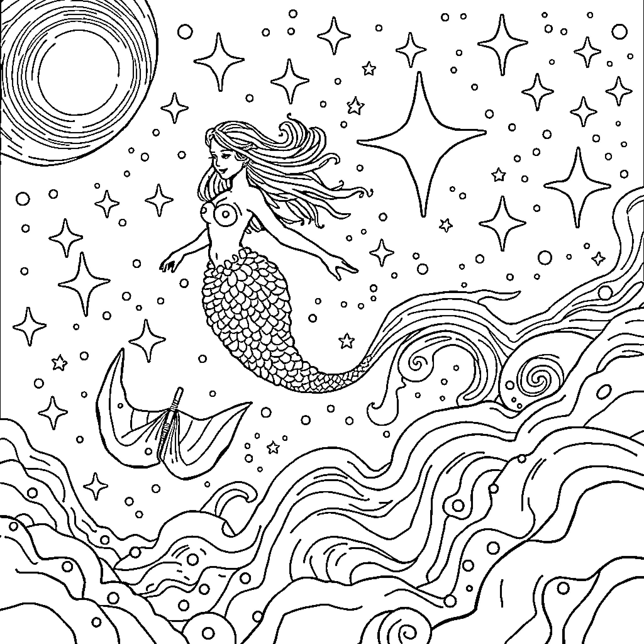 Mermaid swimming among the stars Coloring Page (free black-and-white line drawing printable PDF for all, from beginners to advanced learners, including children, teens, adults, and seniors)