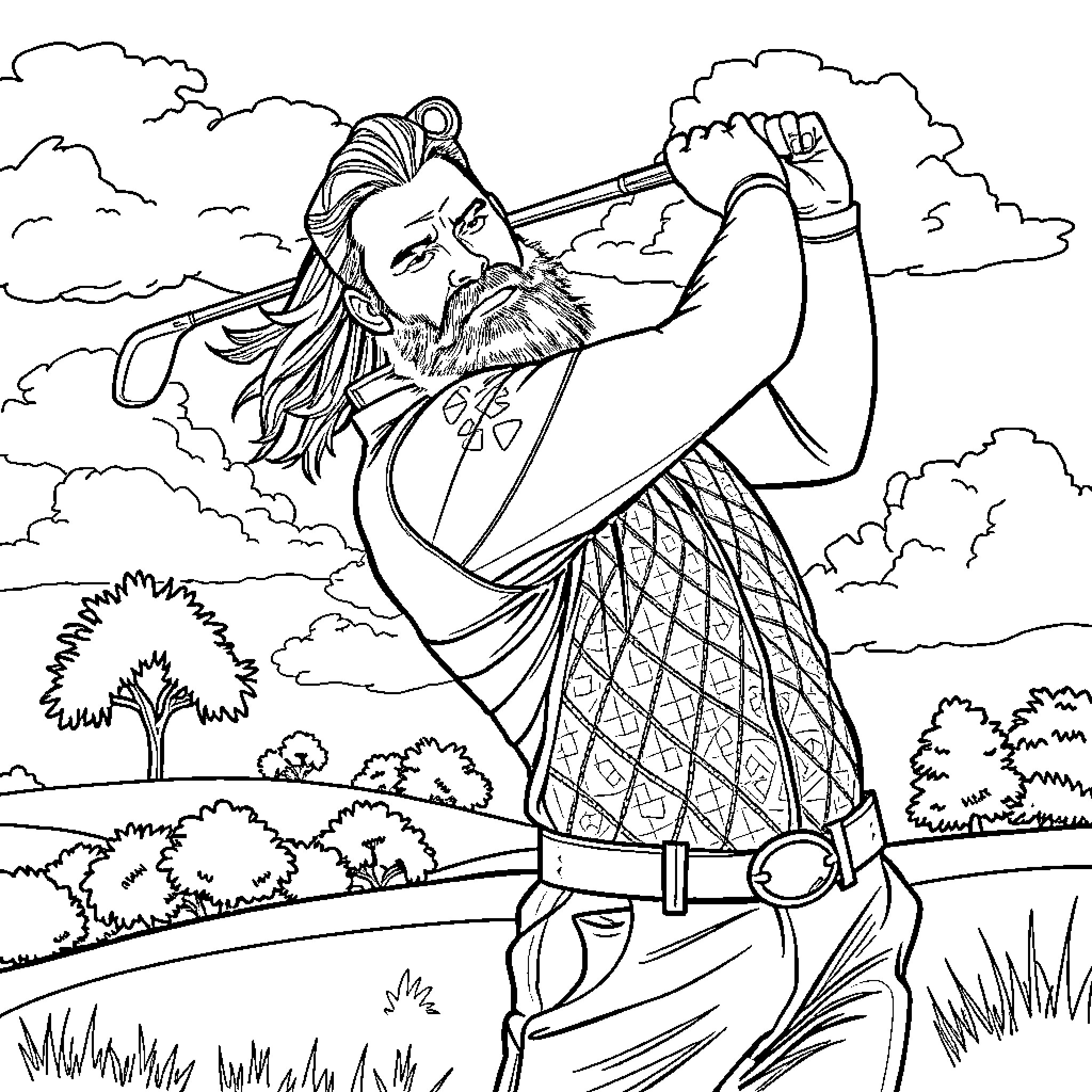 Aquaman wielding his trident in a tranquil setting Coloring Page (free black-and-white line drawing printable PDF for all, from beginners to advanced learners, including children, teens, adults, and seniors)