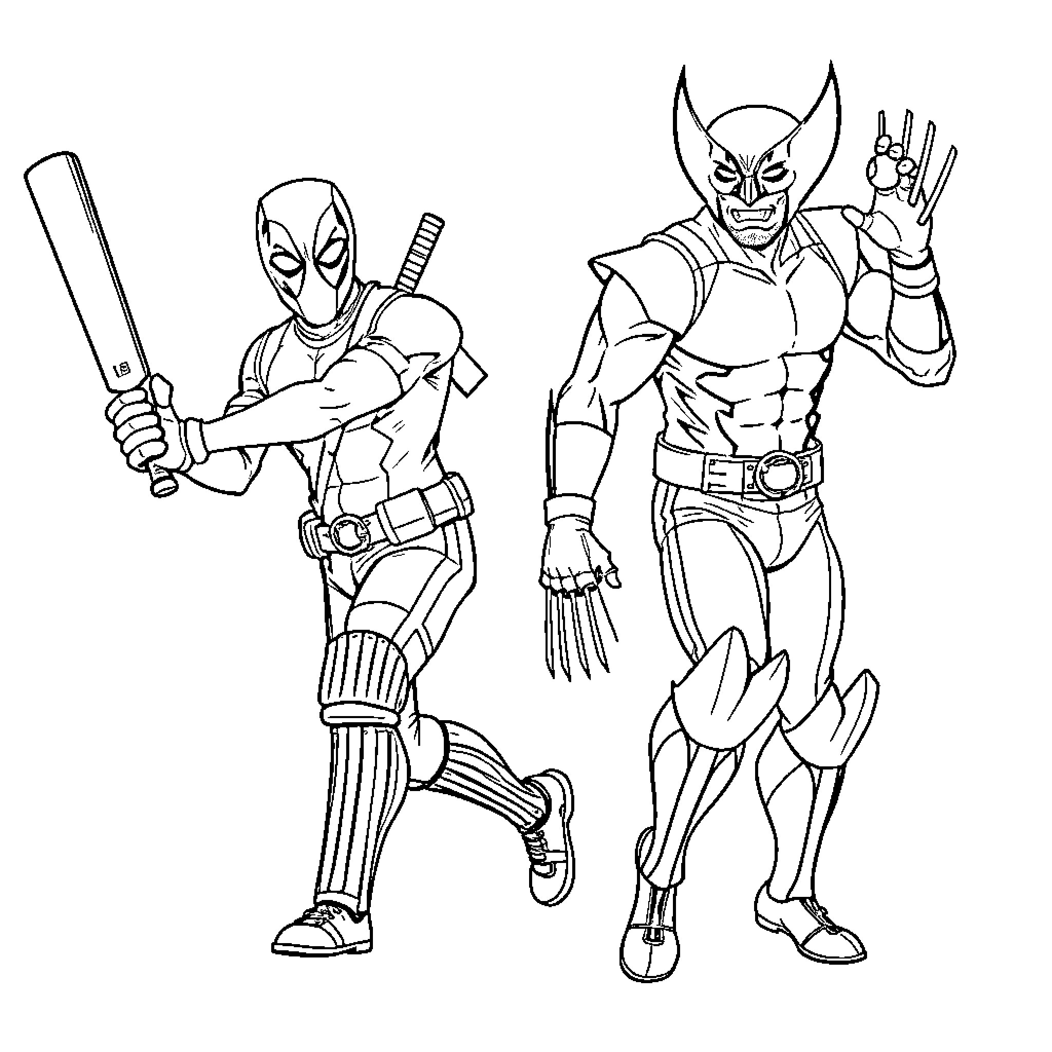 Deadpool and Wolverine in Action Poses Coloring Page (free black-and-white line drawing printable PDF for all, from beginners to advanced learners, including children, teens, adults, and seniors)