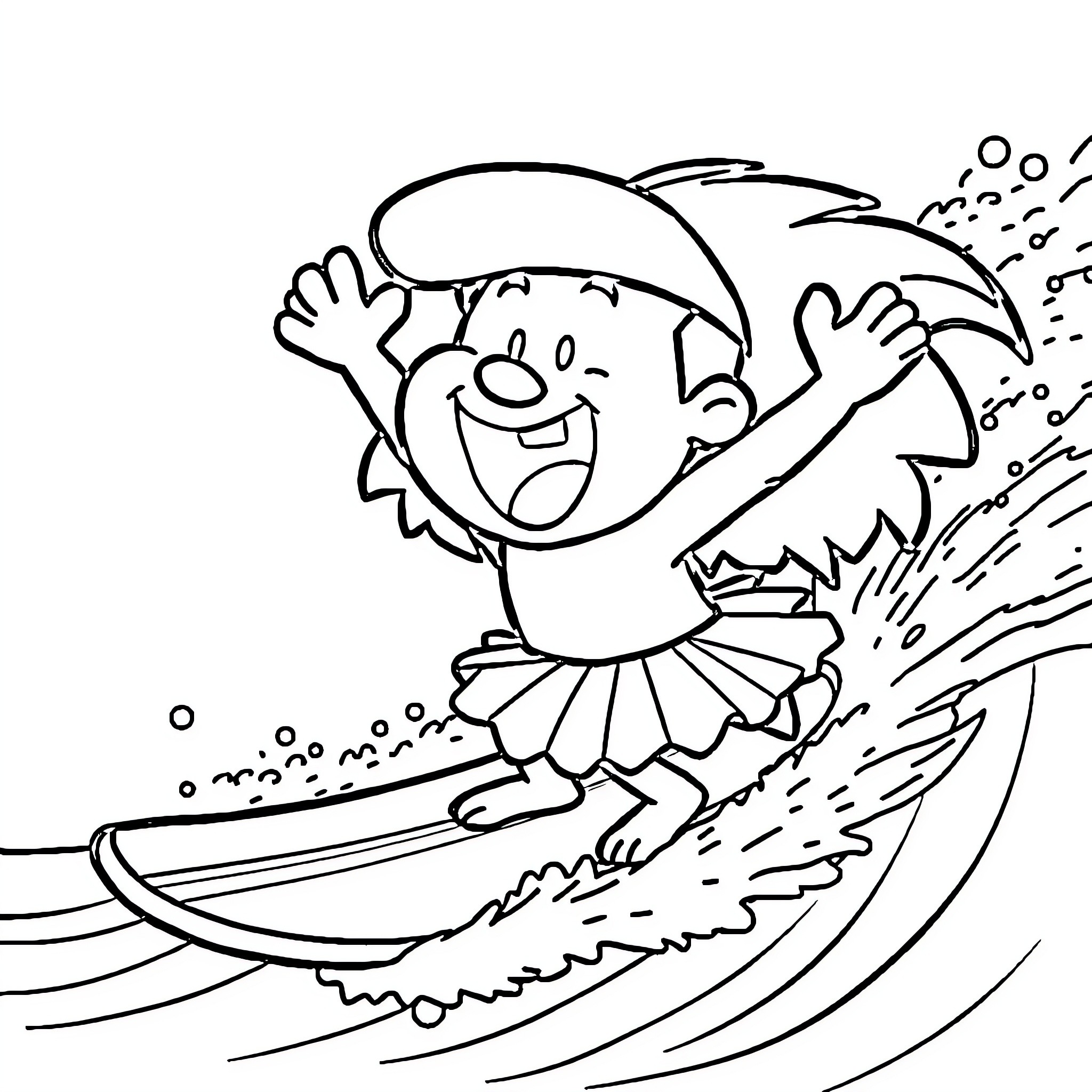 Bill surfing excitedly on the waves Coloring Page (free black-and-white line drawing printable PDF for all, from beginners to advanced learners, including children, teens, adults, and seniors)