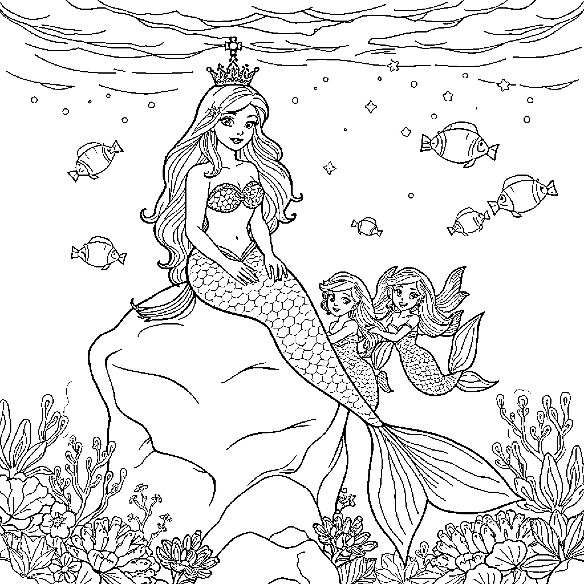 Mermaid Queen and her Oceanic Companions Coloring Page (free black-and-white line drawing printable PDF for all, from beginners to advanced learners, including children, teens, adults, and seniors)