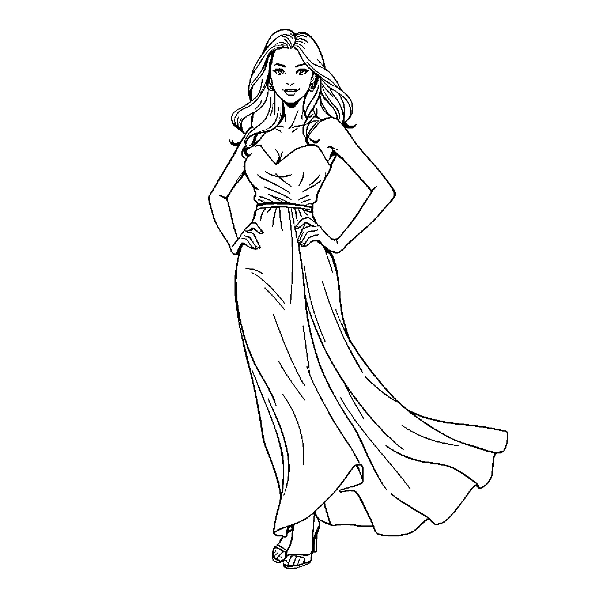 Woman in elegant dress posing confidently Coloring Page (free black-and-white line drawing printable PDF for all, from beginners to advanced learners, including children, teens, adults, and seniors)