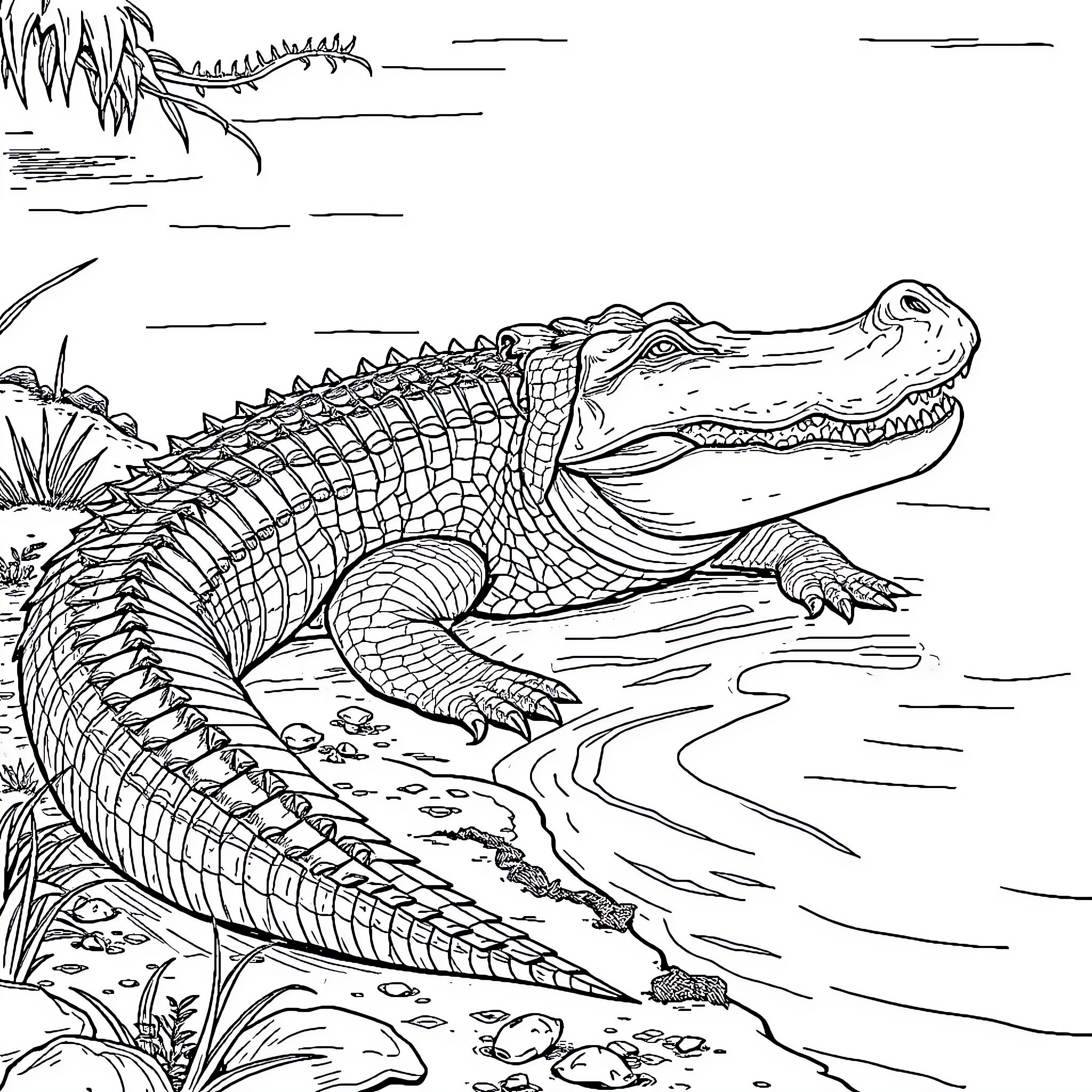 Crocodile resting by the riverbank Coloring Page (free black-and-white line drawing printable PDF for all, from beginners to advanced learners, including children, teens, adults, and seniors)