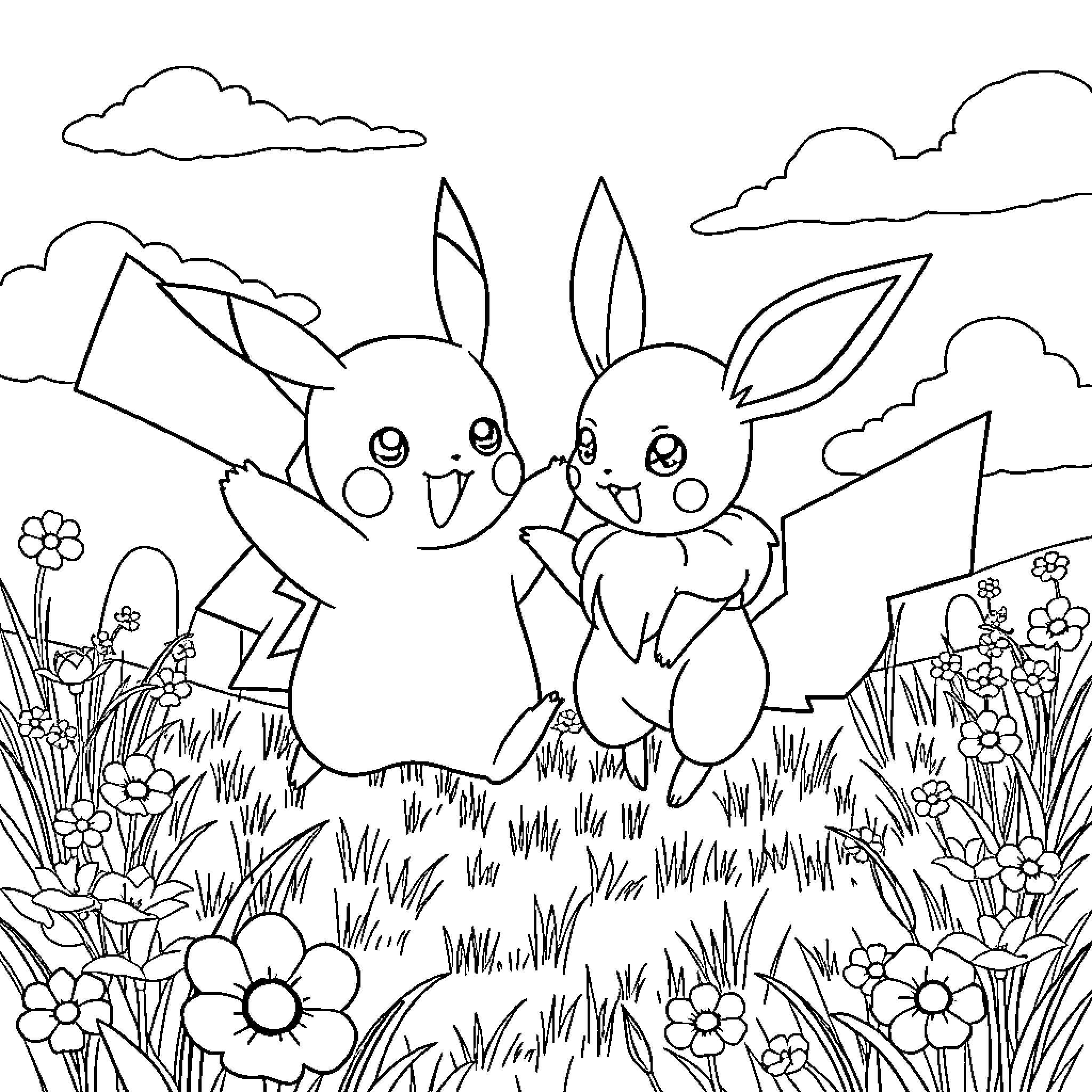 Pikachu and Bunny Jumping Happily in Meadow Coloring Page (free black-and-white line drawing printable PDF for all, from beginners to advanced learners, including children, teens, adults, and seniors)