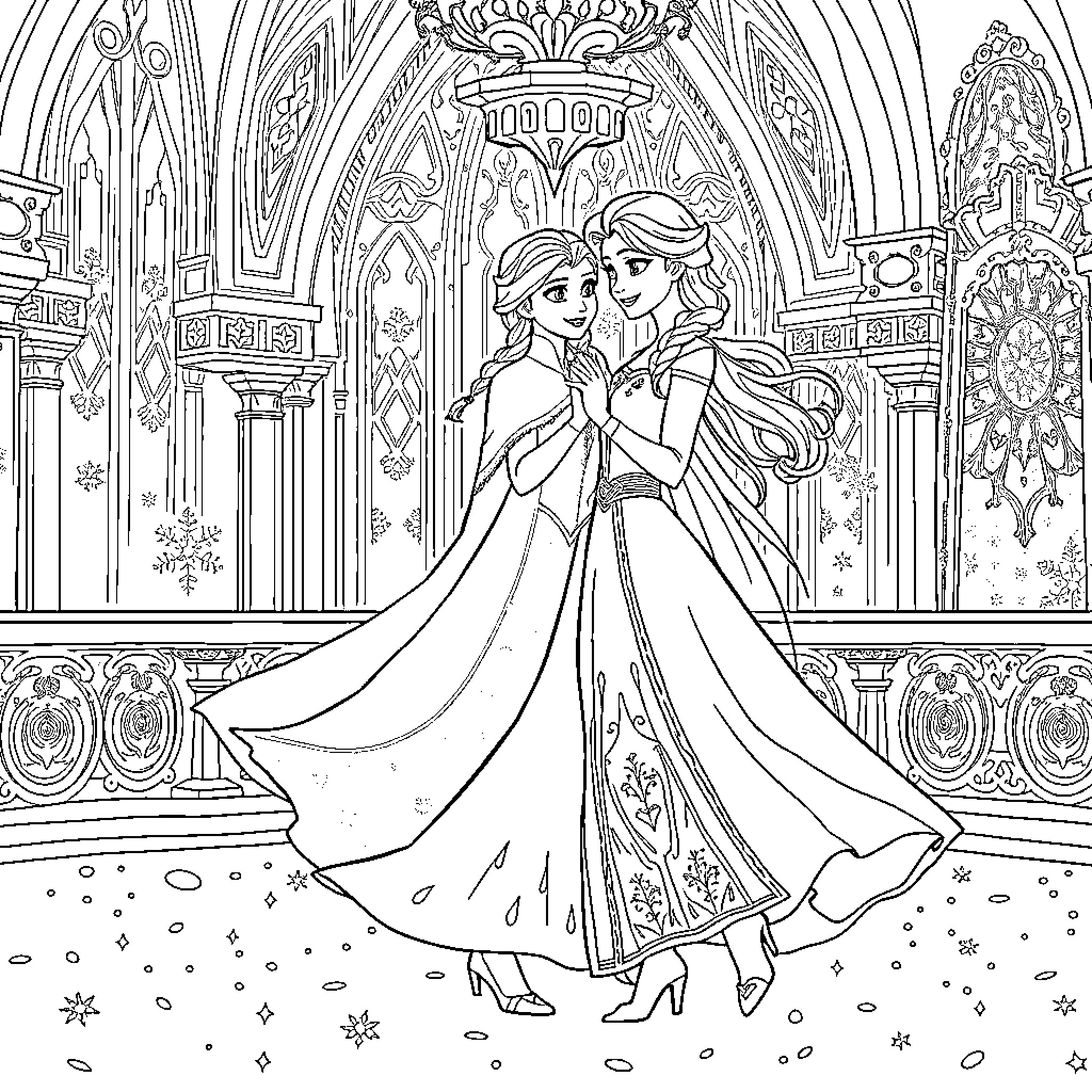 Anna and Elsa in a Regal Castle Setting Coloring Page (free black-and-white line drawing printable PDF for all, from beginners to advanced learners, including children, teens, adults, and seniors)