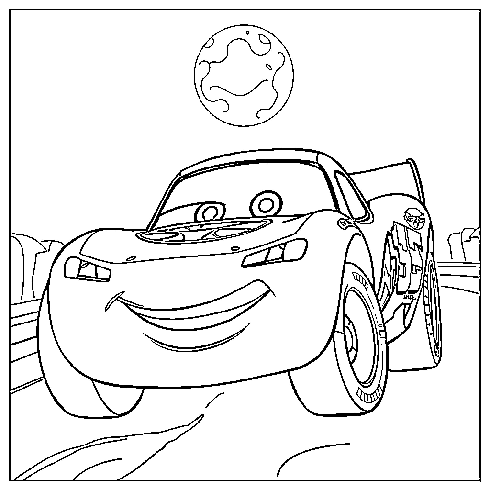 Rayo McQueen racing under the moon Coloring Page (free black-and-white line drawing printable PDF for all, from beginners to advanced learners, including children, teens, adults, and seniors)