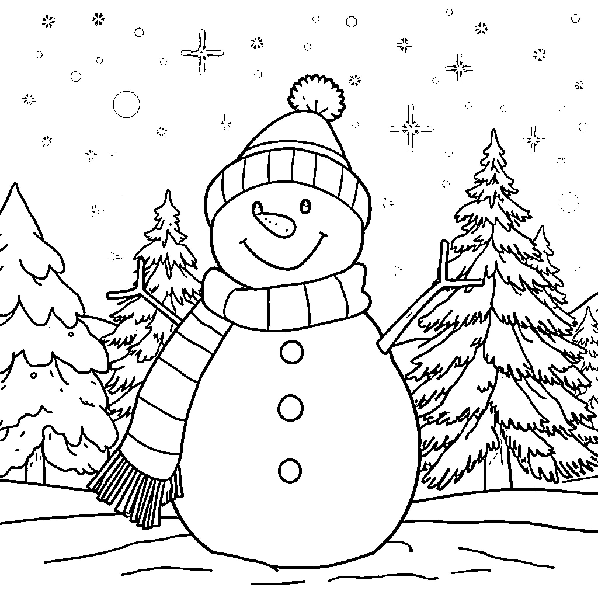 Snowman enjoying a snowy winter wonderland Coloring Page (free black-and-white line drawing printable PDF for all, from beginners to advanced learners, including children, teens, adults, and seniors)