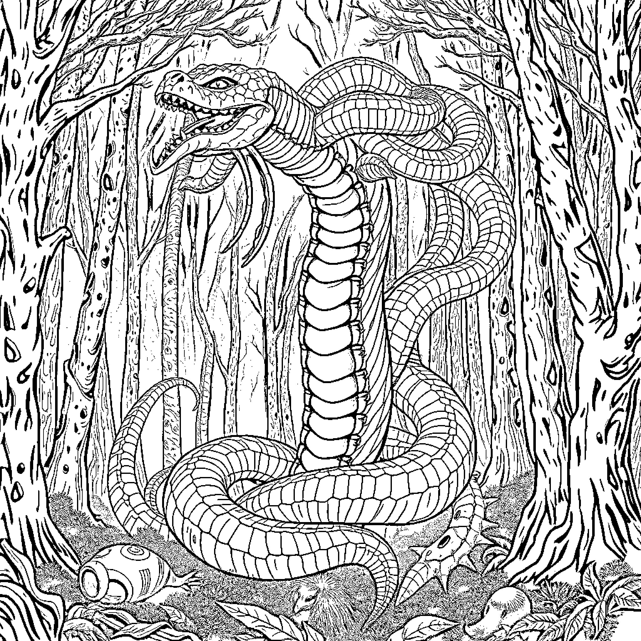 Hydra Coiled in Mysterious Forest Coloring Page (free black-and-white line drawing printable PDF for all, from beginners to advanced learners, including children, teens, adults, and seniors)