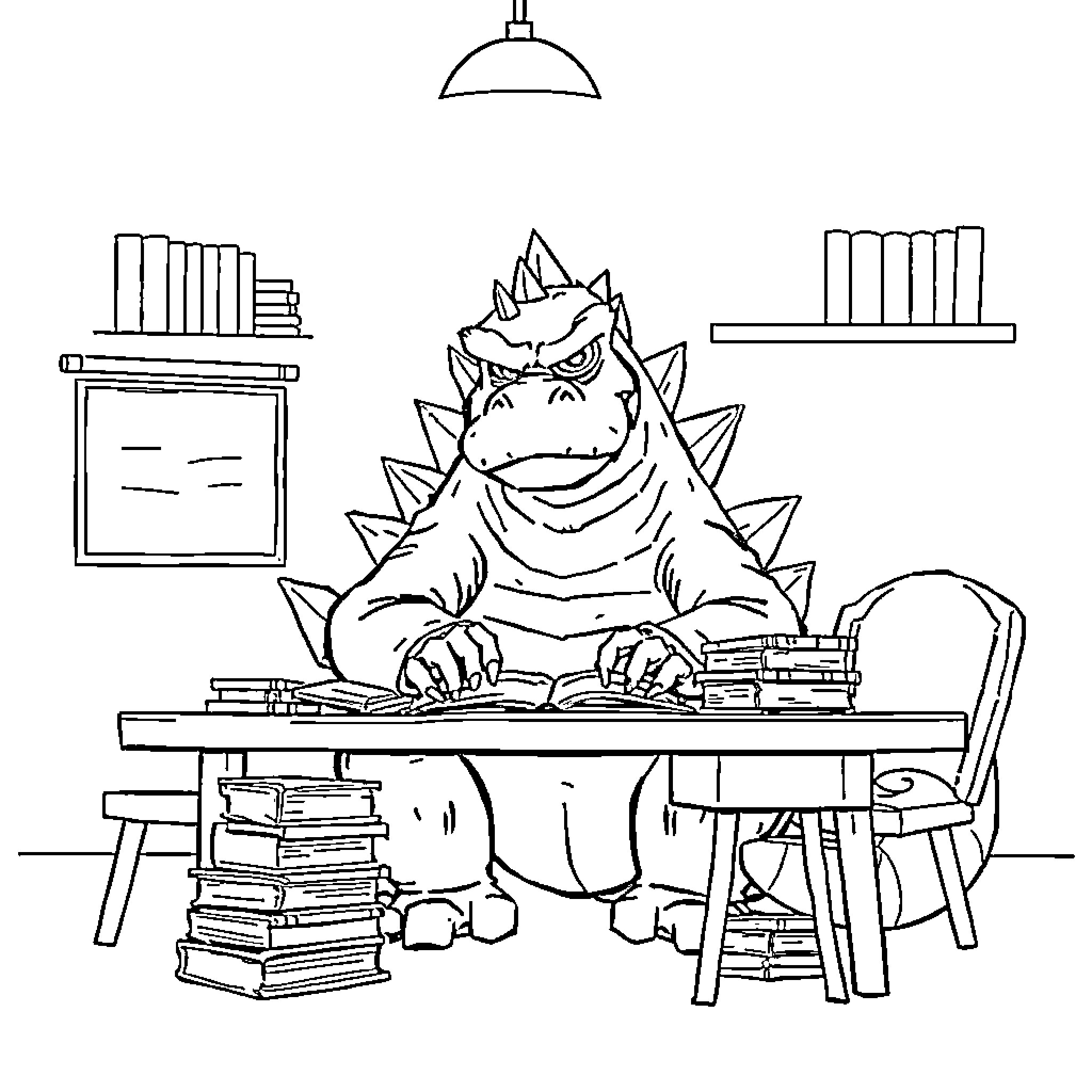 Godzilla studying diligently at the desk Coloring Page (free black-and-white line drawing printable PDF for all, from beginners to advanced learners, including children, teens, adults, and seniors)