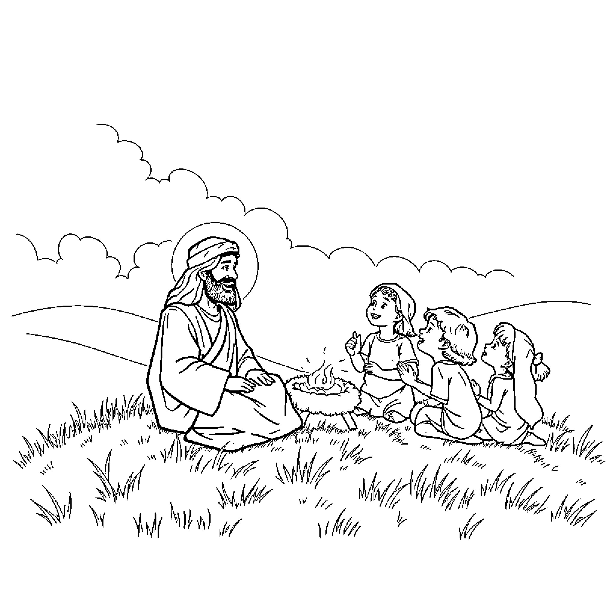 Jesus teaching children in the countryside Coloring Page (free black-and-white line drawing printable PDF for all, from beginners to advanced learners, including children, teens, adults, and seniors)