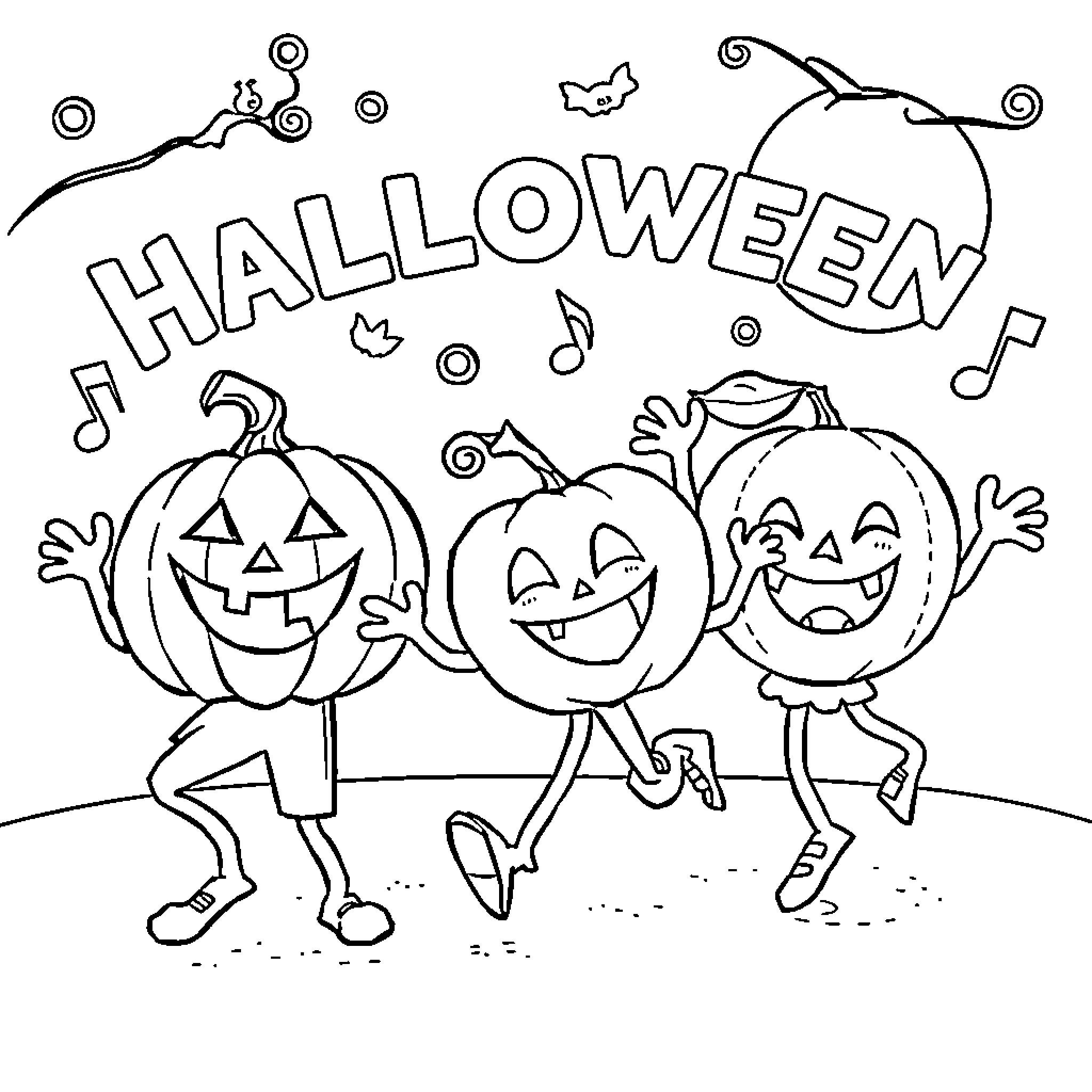 Fruit-themed Halloween celebration with dancing pumpkins Coloring Page (free black-and-white line drawing printable PDF for all, from beginners to advanced learners, including children, teens, adults, and seniors)