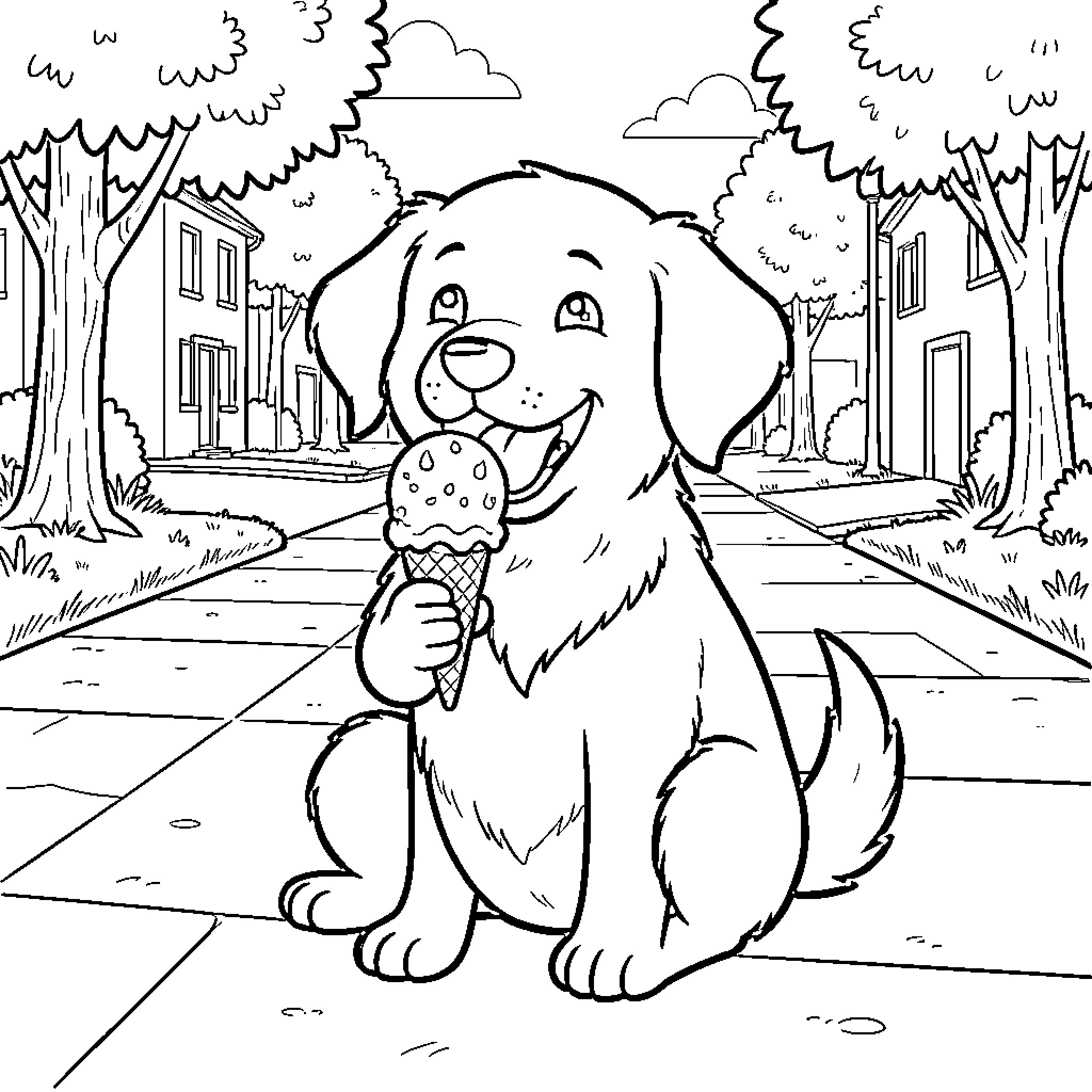 Dog enjoying an ice cream on a summer day Coloring Page (free black-and-white line drawing printable PDF for all, from beginners to advanced learners, including children, teens, adults, and seniors)