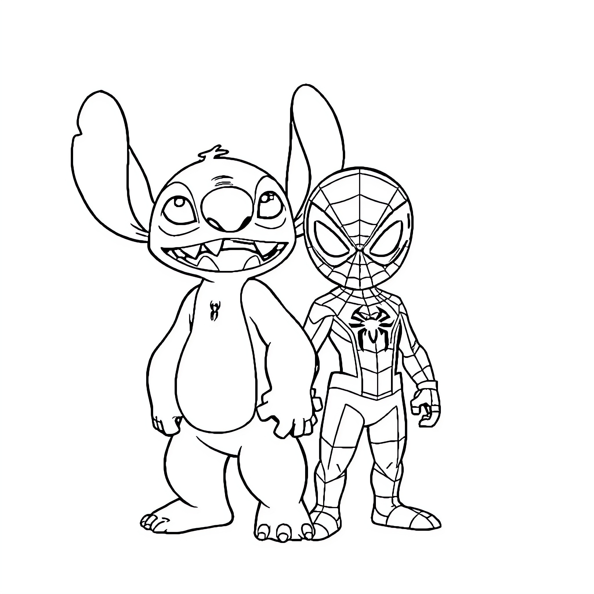 Stitch and Spider-Man pose together Coloring Page (free black-and-white line drawing printable PDF for all, from beginners to advanced learners, including children, teens, adults, and seniors)