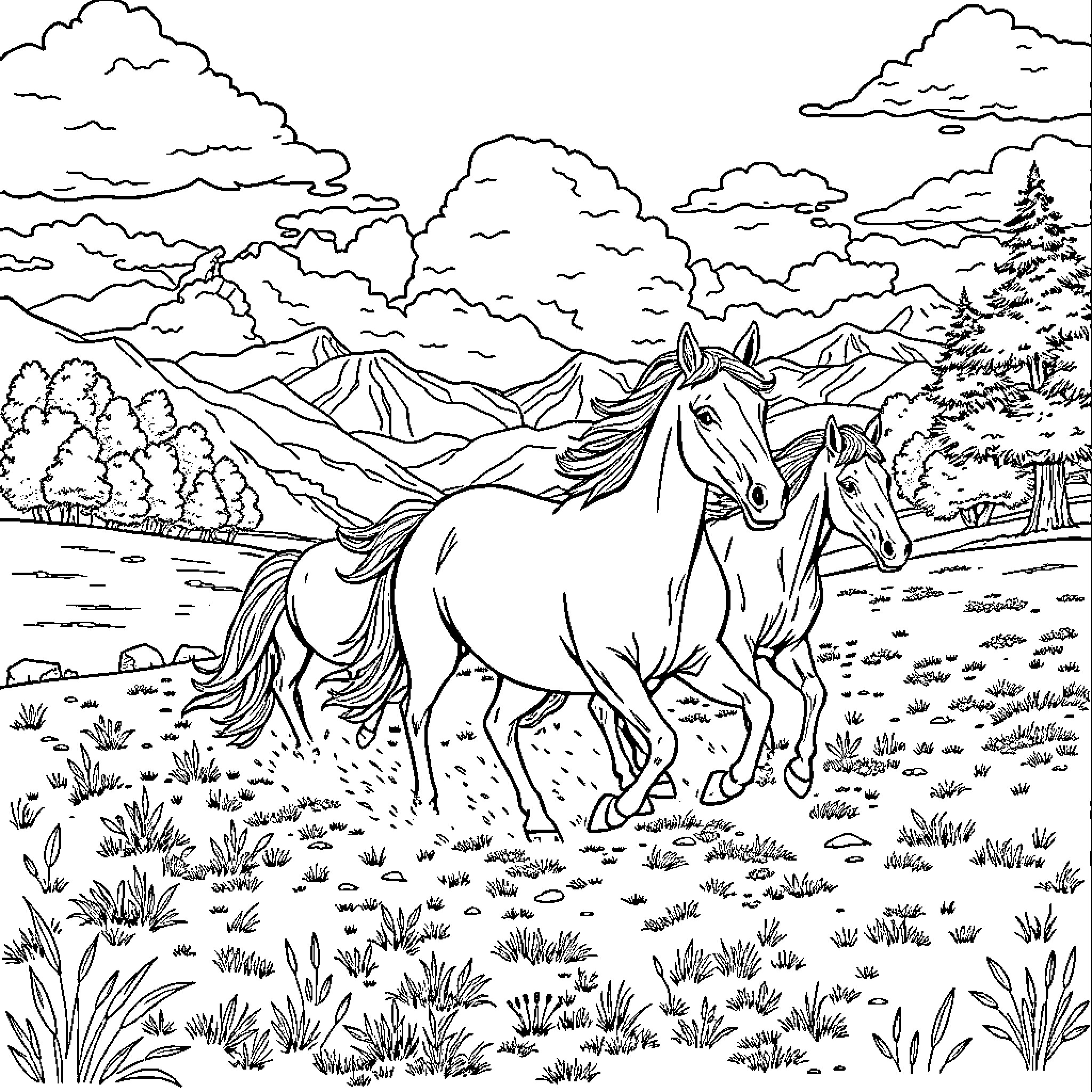 Horse galloping through scenic mountain landscape Coloring Page (free black-and-white line drawing printable PDF for all, from beginners to advanced learners, including children, teens, adults, and seniors)