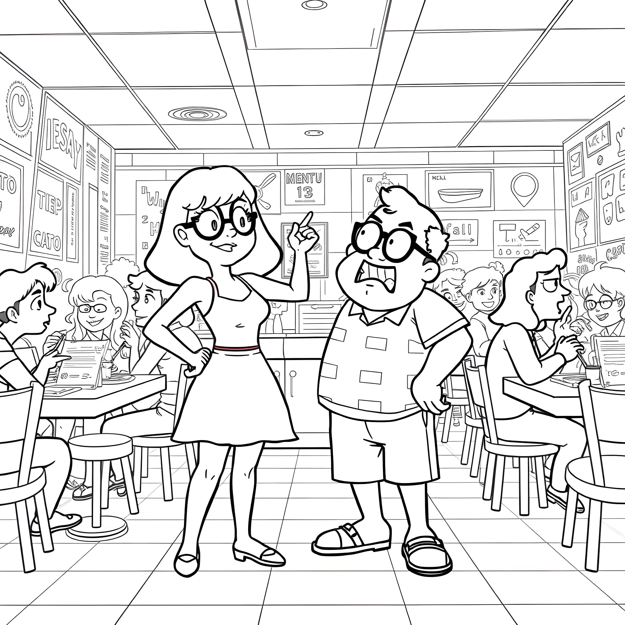 Tina and her friends at the school cafeteria Coloring Page (free black-and-white line drawing printable PDF for all, from beginners to advanced learners, including children, teens, adults, and seniors)