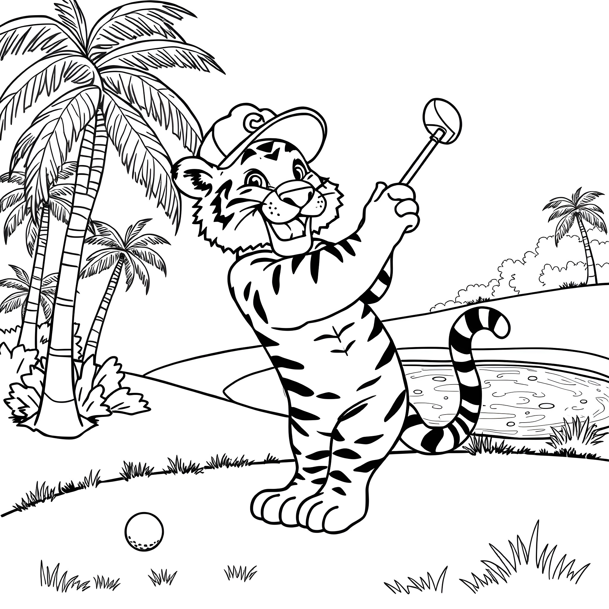 Tiger playing golf in the tropical paradise Coloring Page (free black-and-white line drawing printable PDF for all, from beginners to advanced learners, including children, teens, adults, and seniors)