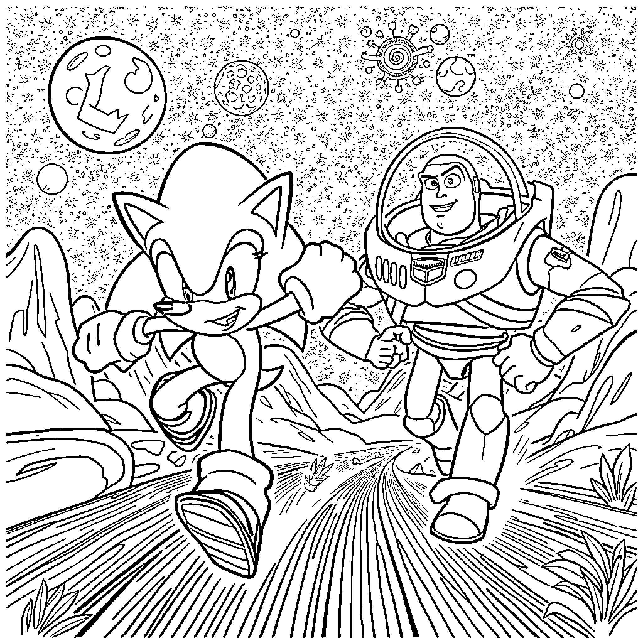 Sonic and Buzz Lightyear's Cosmic Adventure Coloring Page (free black-and-white line drawing printable PDF for all, from beginners to advanced learners, including children, teens, adults, and seniors)