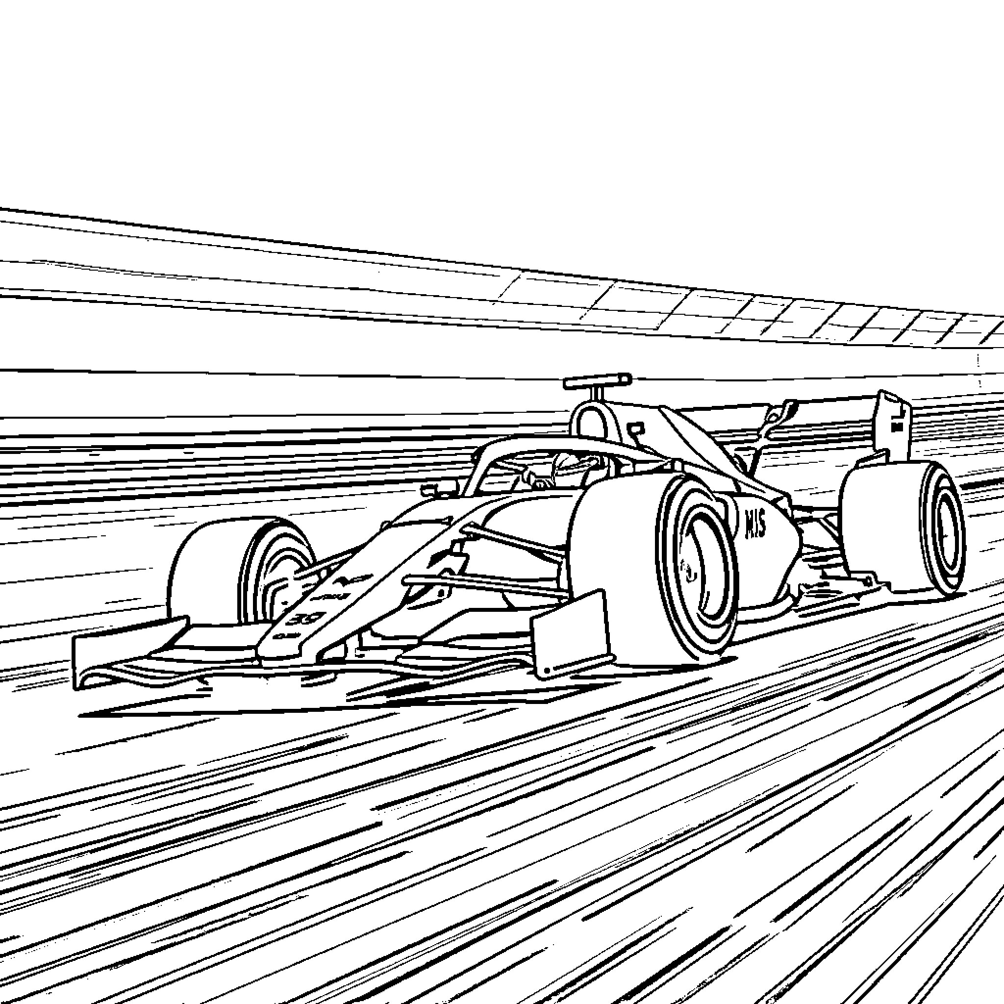 Racing F1 car on high-speed racetrack Coloring Page (free black-and-white line drawing printable PDF for all, from beginners to advanced learners, including children, teens, adults, and seniors)