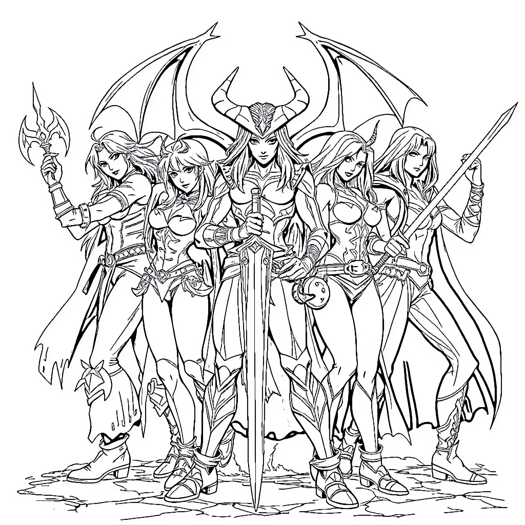 Demon Slayer Warriors in Action Poses Coloring Page (free black-and-white line drawing printable PDF for all, from beginners to advanced learners, including children, teens, adults, and seniors)