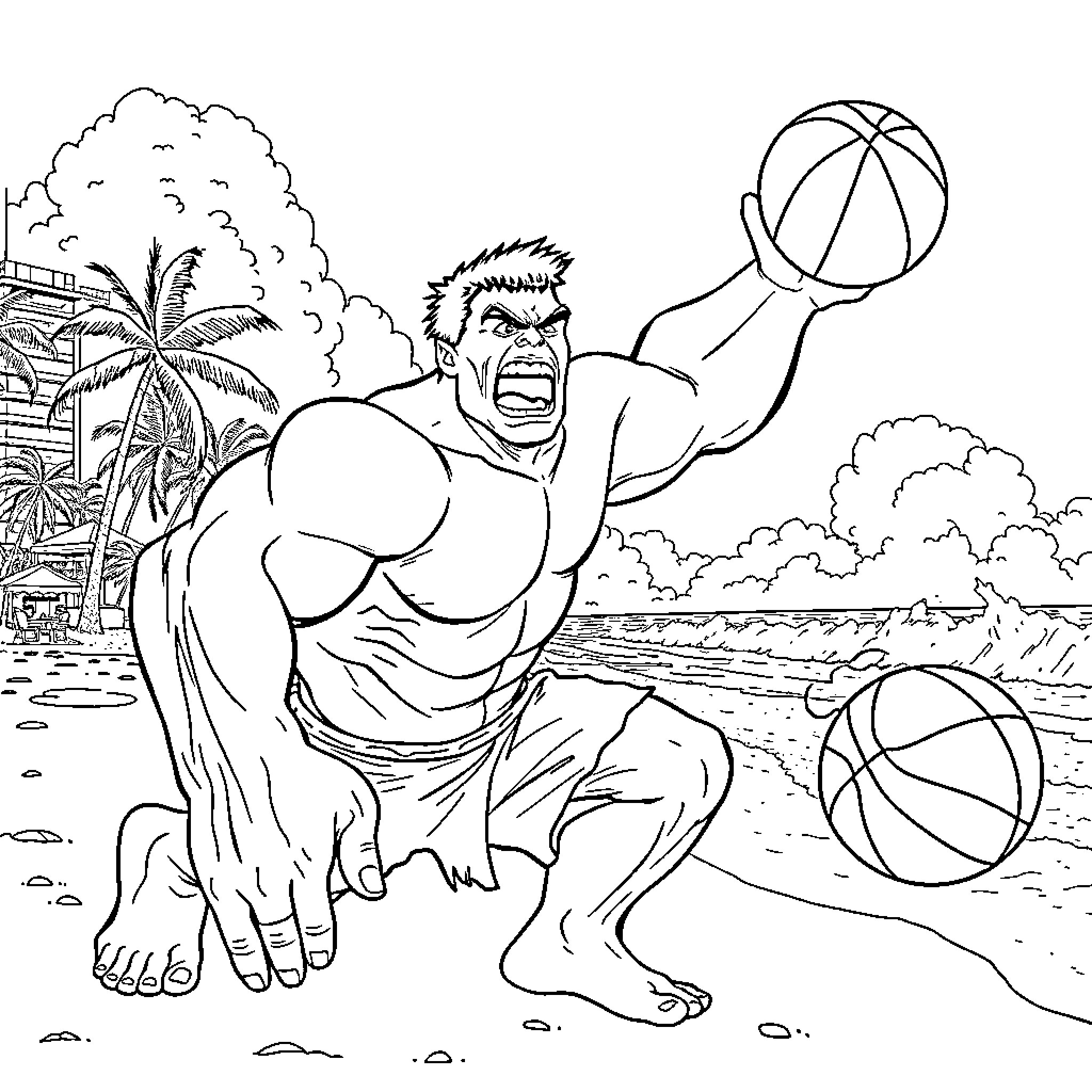 Hulk playing with basketballs on a beach Coloring Page (free black-and-white line drawing printable PDF for all, from beginners to advanced learners, including children, teens, adults, and seniors)