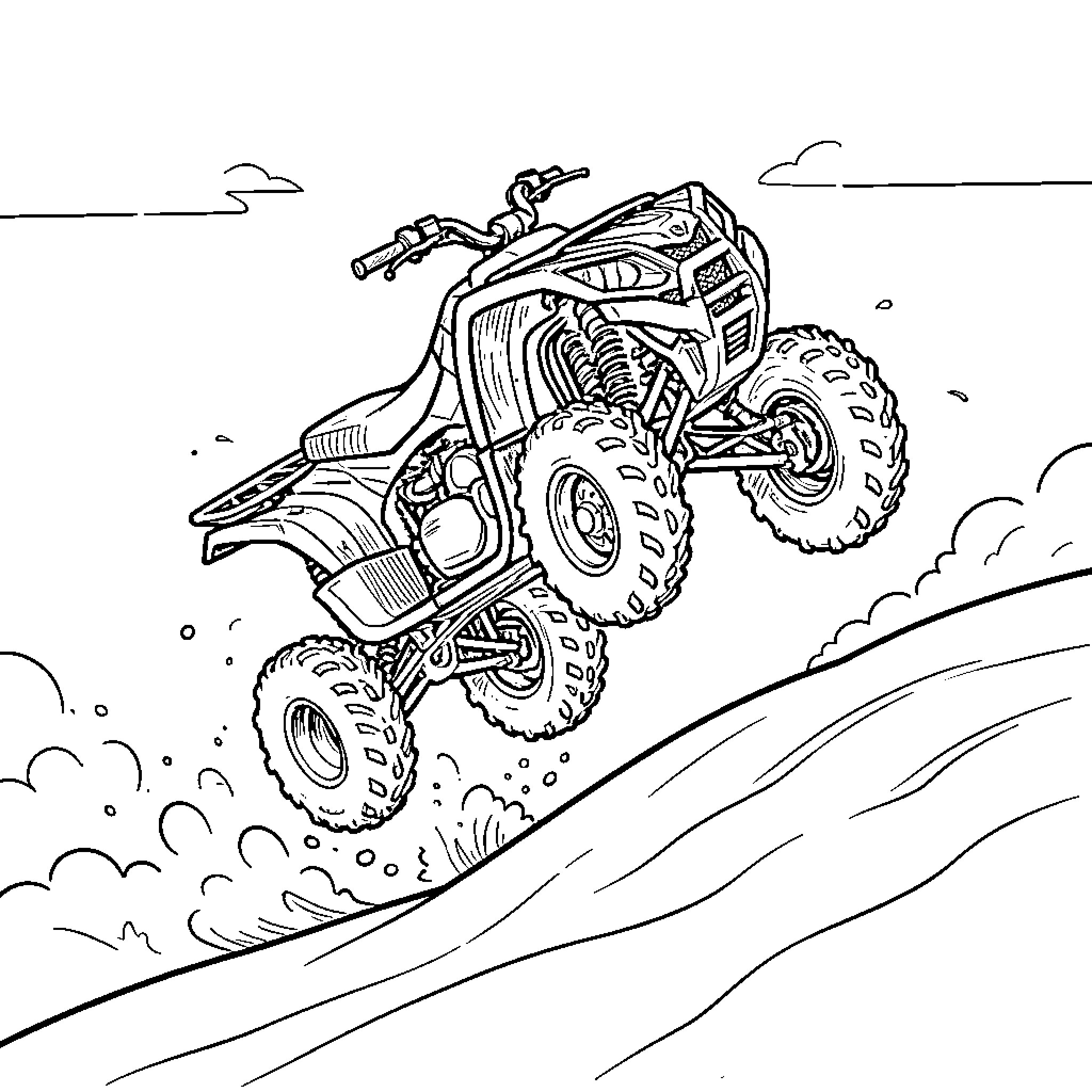 ATV racing through rough terrain Coloring Page (free black-and-white line drawing printable PDF for all, from beginners to advanced learners, including children, teens, adults, and seniors)