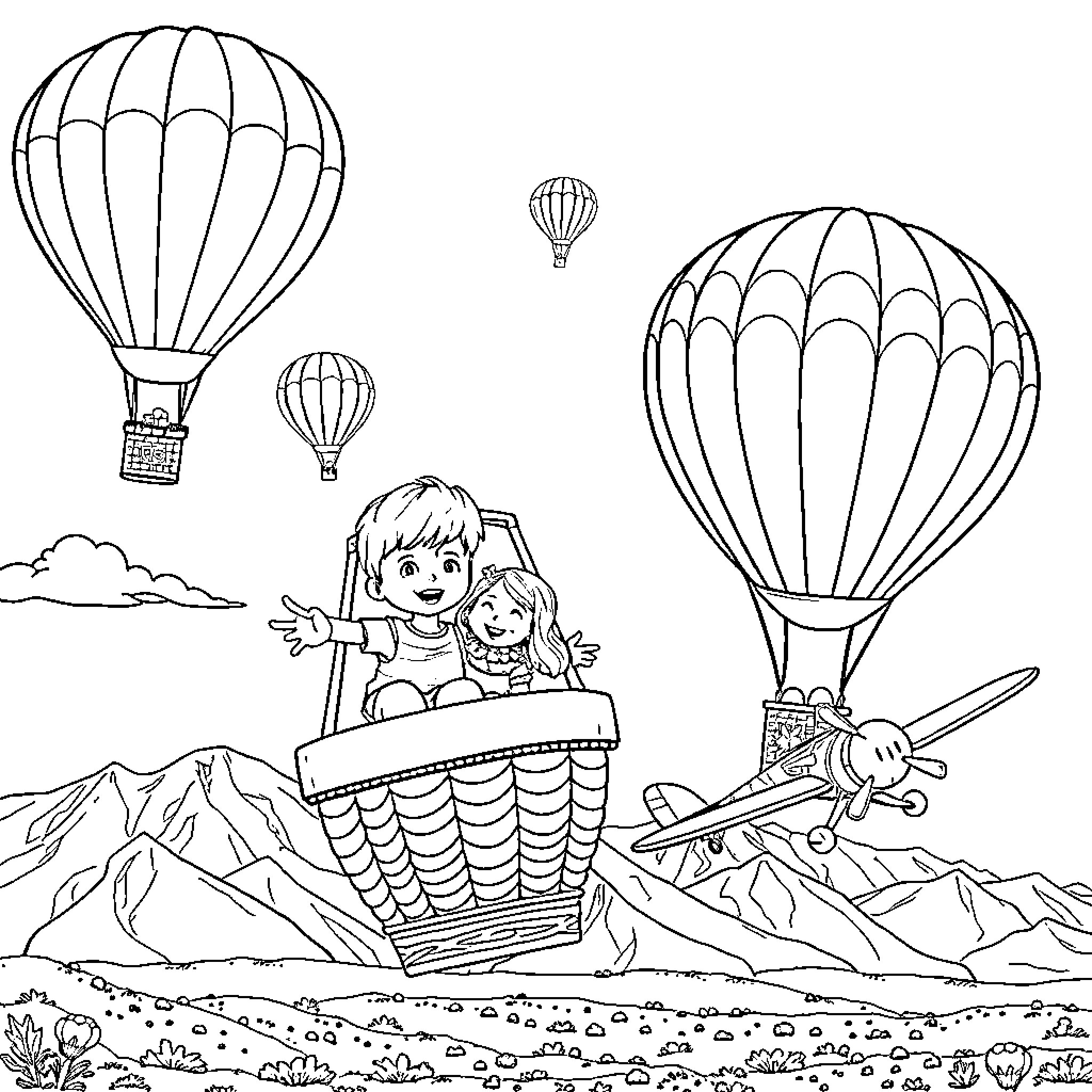 Hot Air Balloon Adventure in the Mountains Coloring Page (free black-and-white line drawing printable PDF for all, from beginners to advanced learners, including children, teens, adults, and seniors)