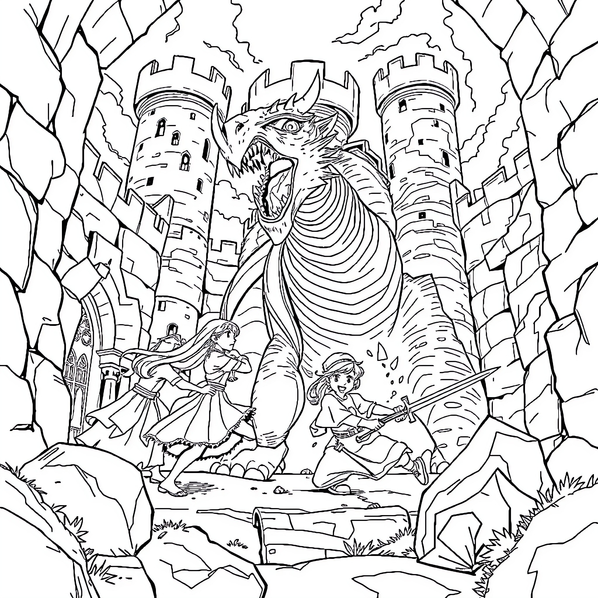 Dragon Attacking Castle with Brave Knights Coloring Page (free black-and-white line drawing printable PDF for all, from beginners to advanced learners, including children, teens, adults, and seniors)