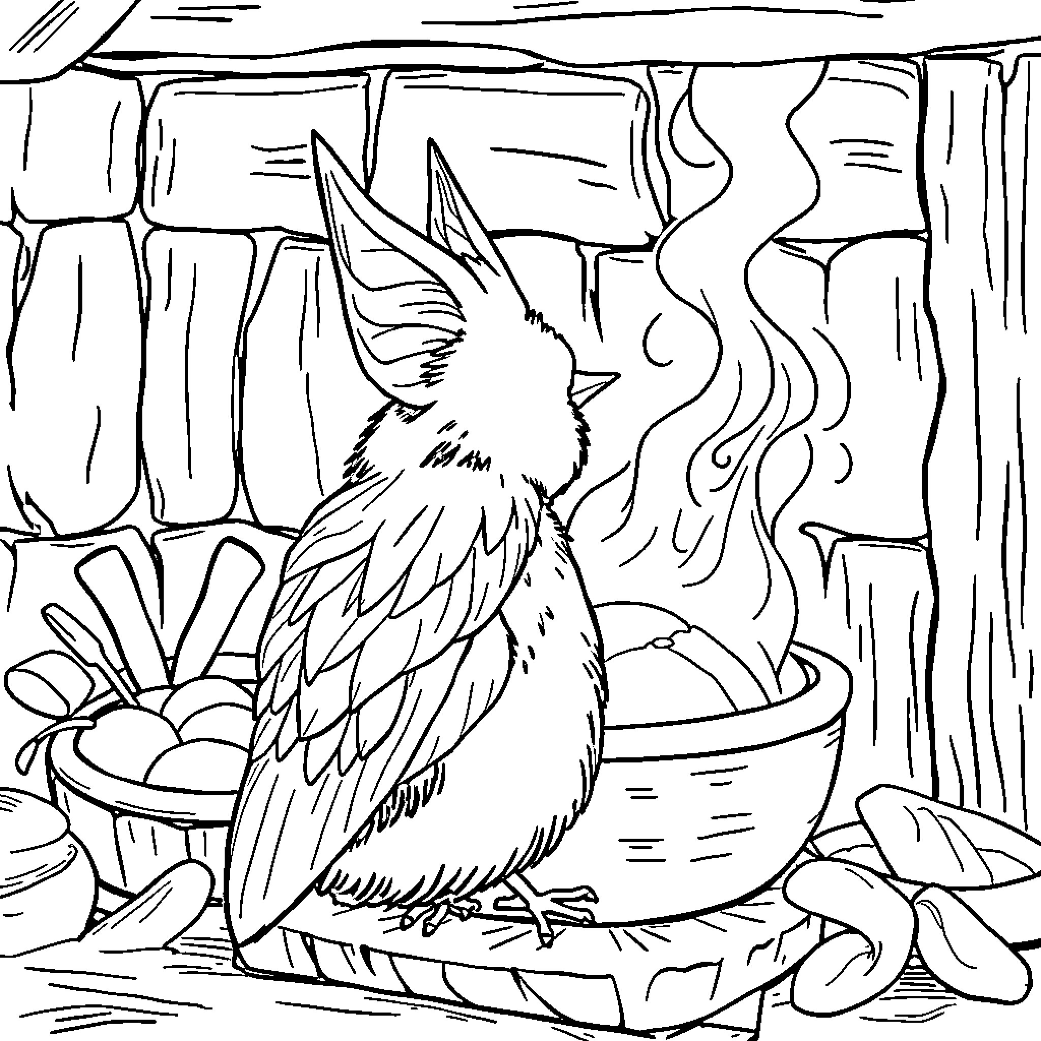 Hexe's Enchanting Cauldron Coloring Page (free black-and-white line drawing printable PDF for all, from beginners to advanced learners, including children, teens, adults, and seniors)