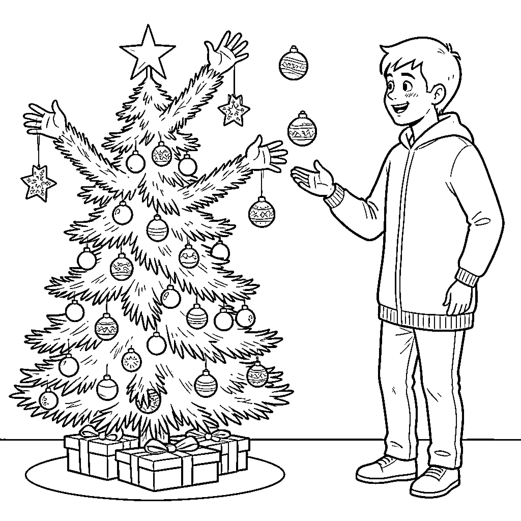 Christmas Tree being decorated by a joyful young boy Coloring Page (free black-and-white line drawing printable PDF for all, from beginners to advanced learners, including children, teens, adults, and seniors)