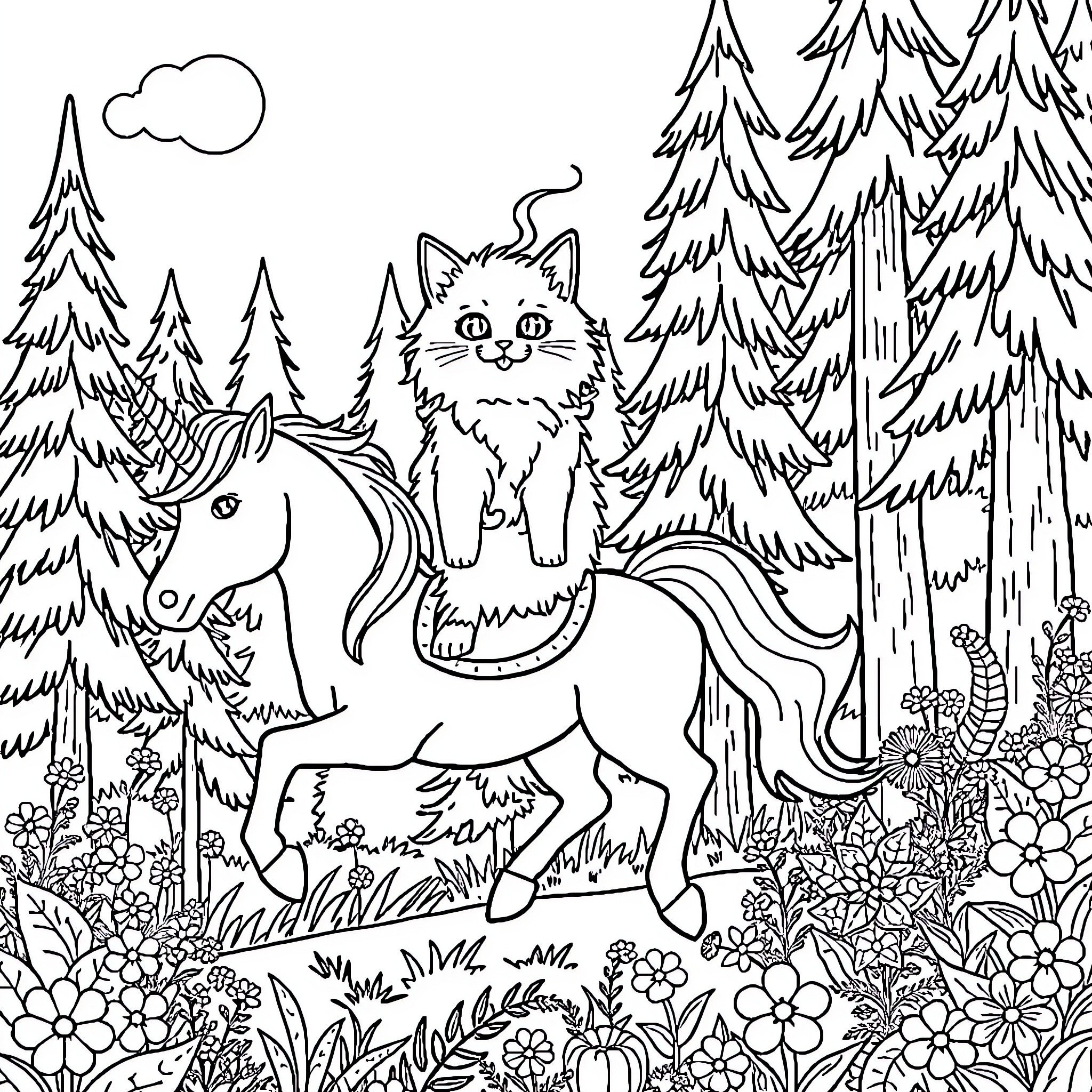 Cat and Unicorn in Enchanted Forest Coloring Page (free black-and-white line drawing printable PDF for all, from beginners to advanced learners, including children, teens, adults, and seniors)