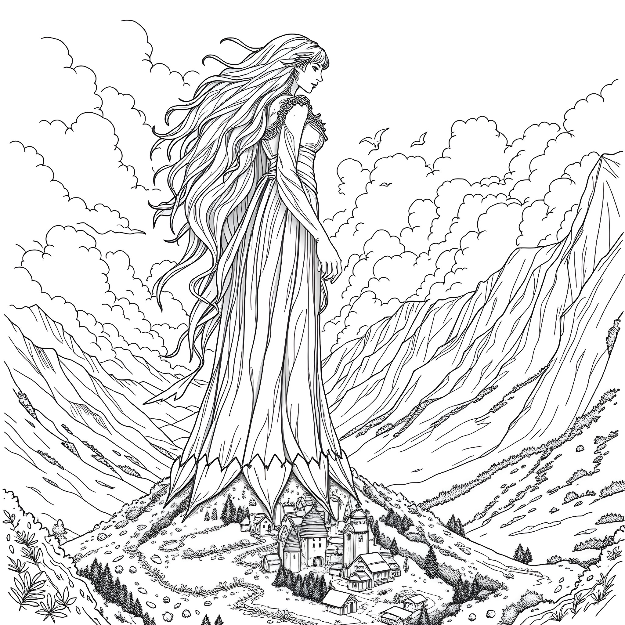 Giantess Goddess Overlooking Serene Landscape Coloring Page (free black-and-white line drawing printable PDF for all, from beginners to advanced learners, including children, teens, adults, and seniors)