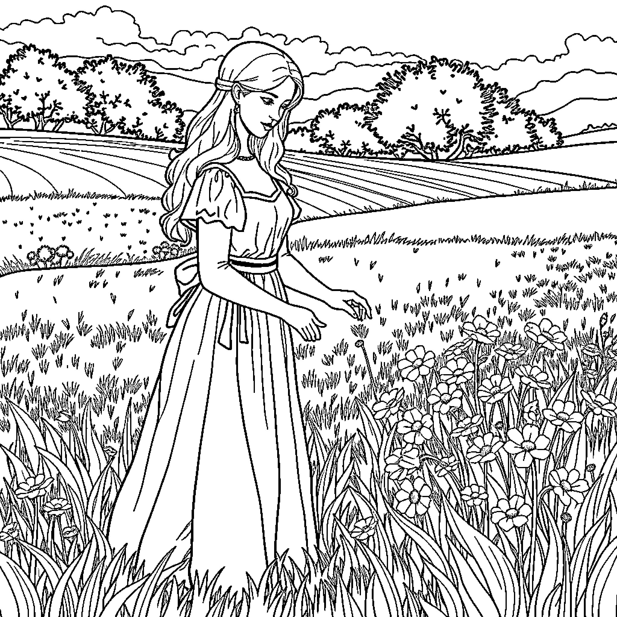 Lady strolling through the idyllic countryside Coloring Page (free black-and-white line drawing printable PDF for all, from beginners to advanced learners, including children, teens, adults, and seniors)