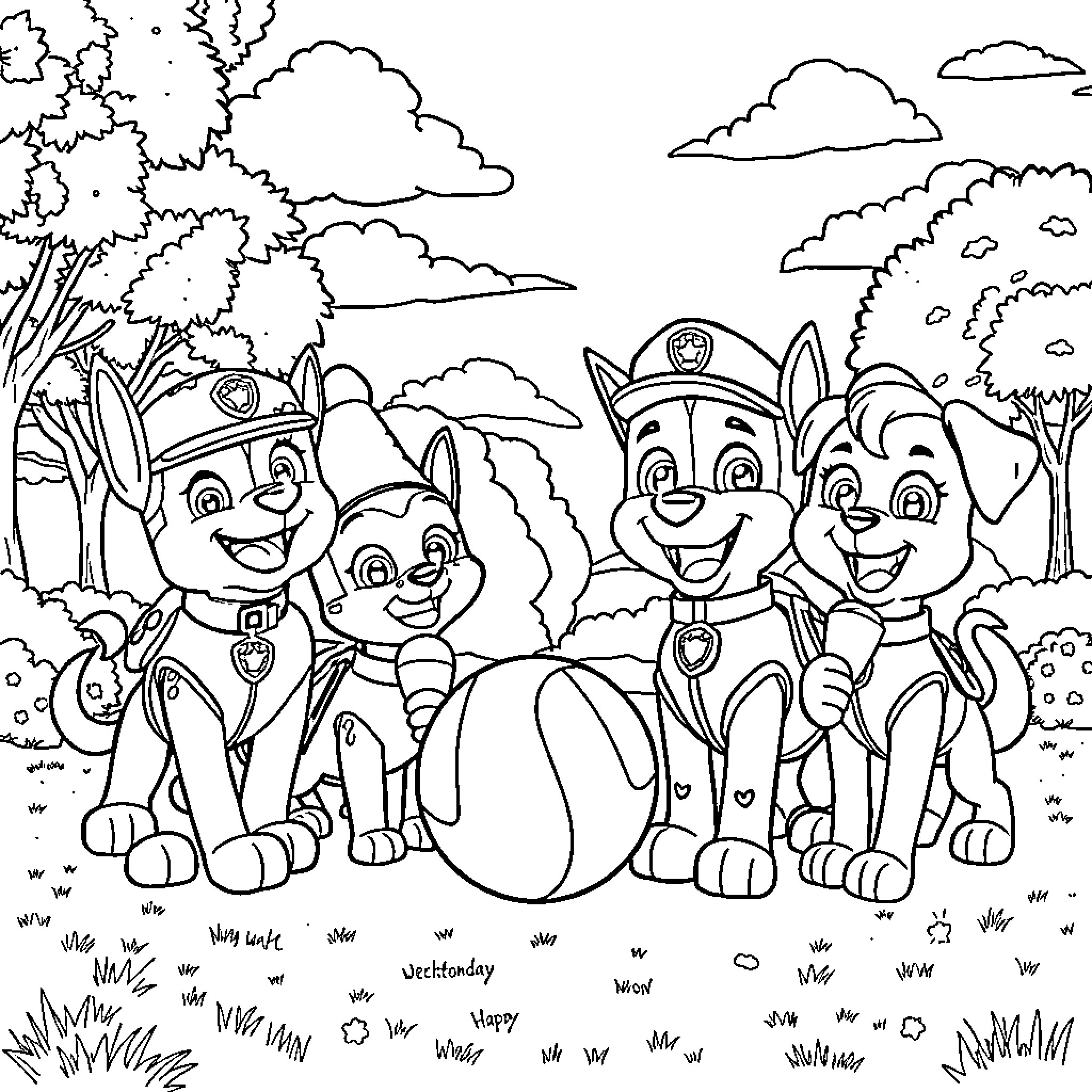 Paw Patrol Pups Playing in the Outdoors Coloring Page (free black-and-white line drawing printable PDF for all, from beginners to advanced learners, including children, teens, adults, and seniors)