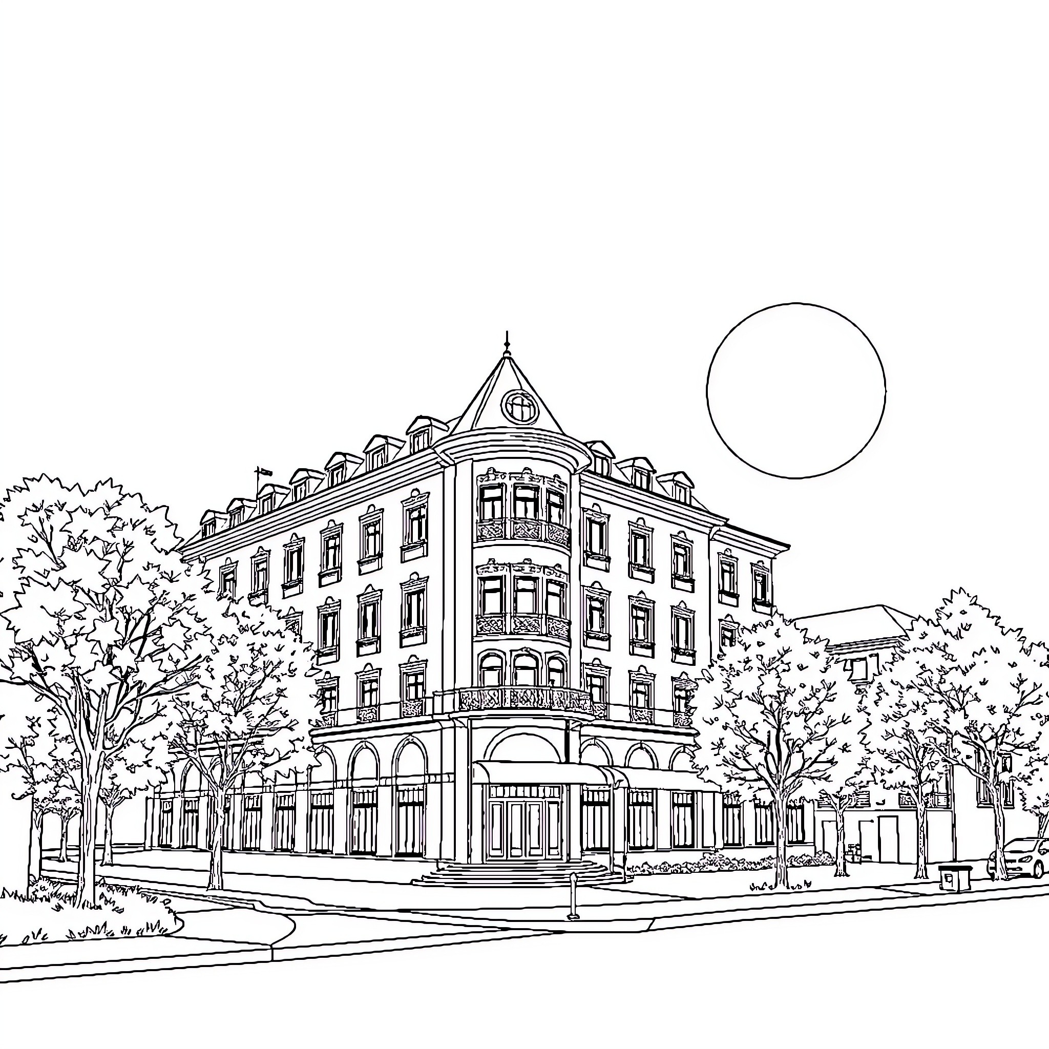 Hotel with Ornate Architecture in Scenic Landscape Coloring Page (free black-and-white line drawing printable PDF for all, from beginners to advanced learners, including children, teens, adults, and seniors)