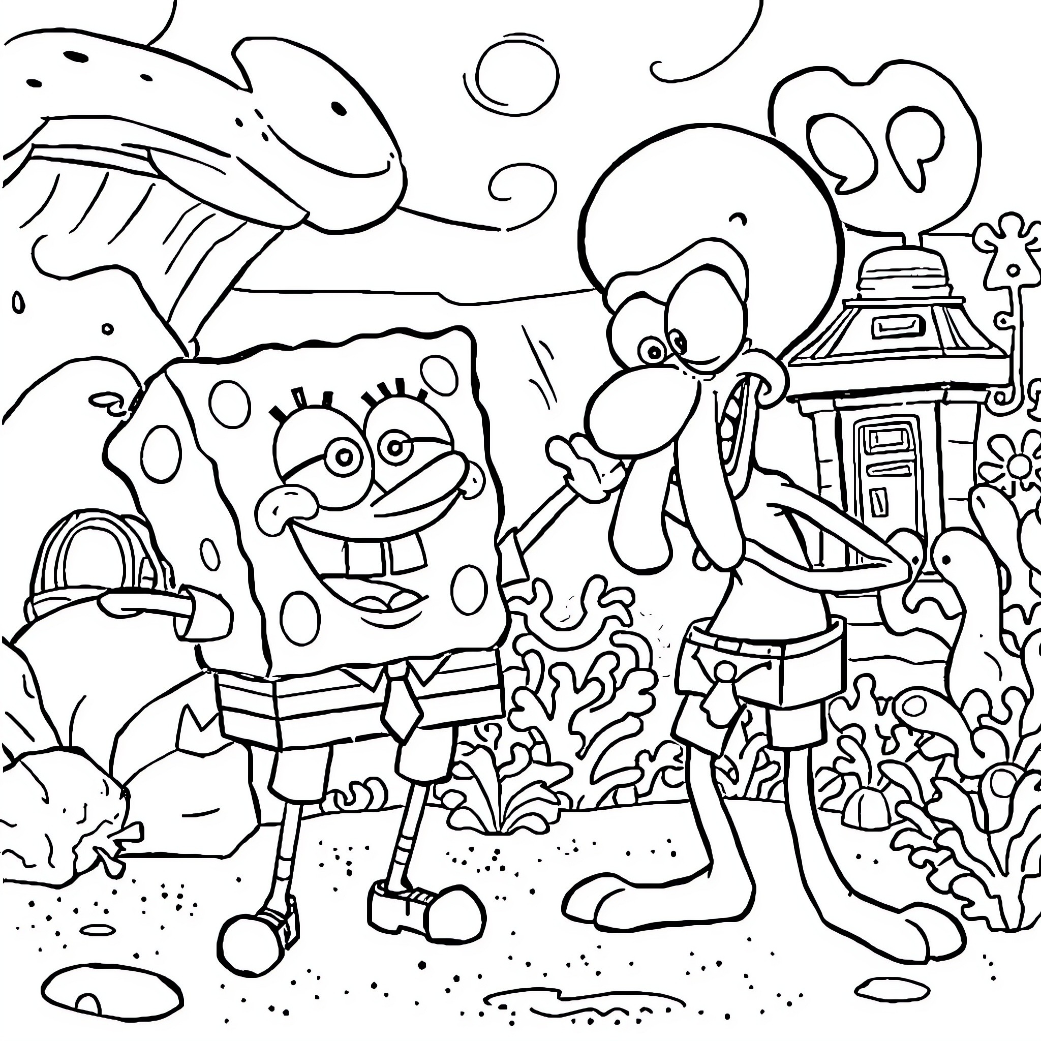 Spongebob and friends in a whimsical underwater scene Coloring Page (free black-and-white line drawing printable PDF for all, from beginners to advanced learners, including children, teens, adults, and seniors)