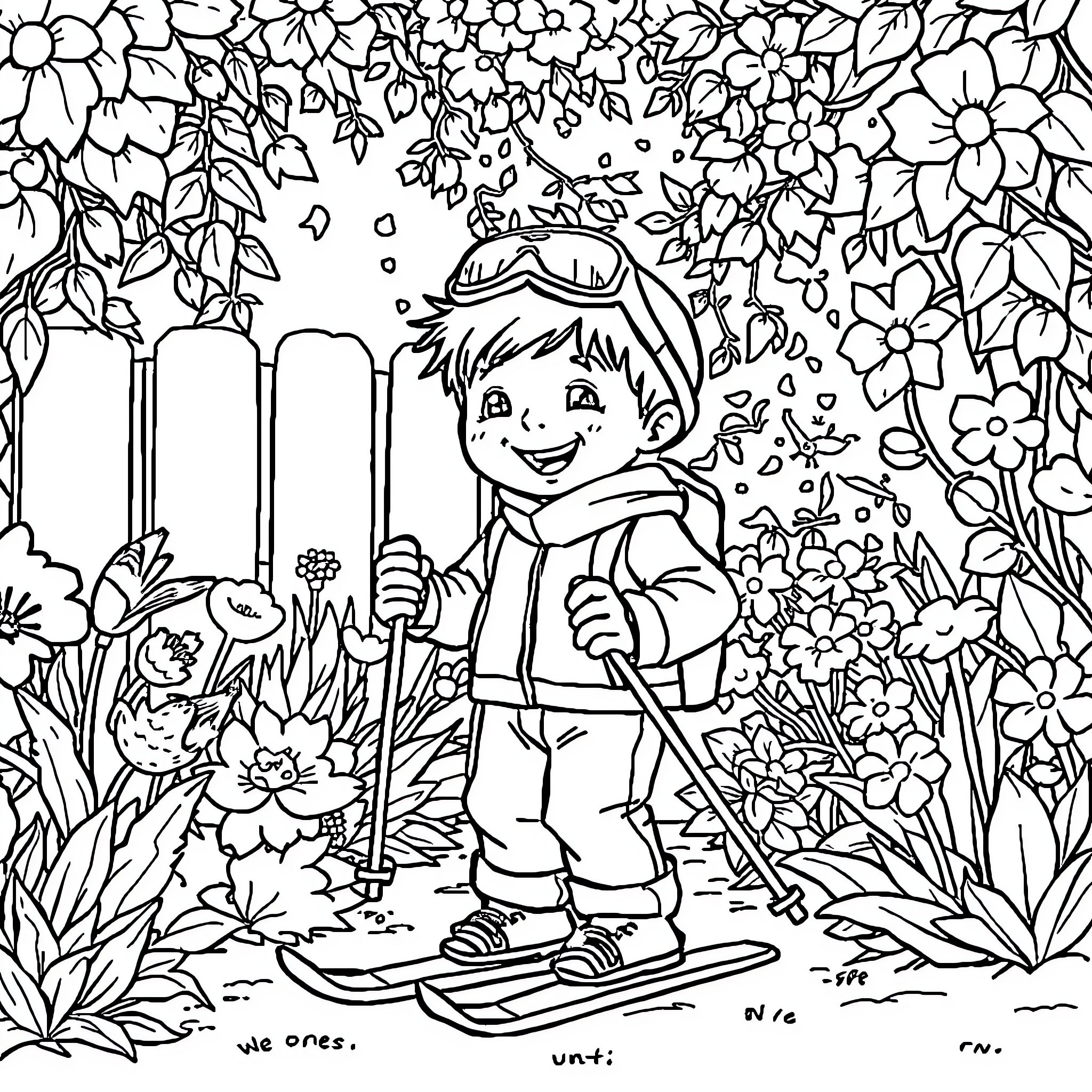 Child exploring lush garden with flowers Coloring Page (free black-and-white line drawing printable PDF for all, from beginners to advanced learners, including children, teens, adults, and seniors)