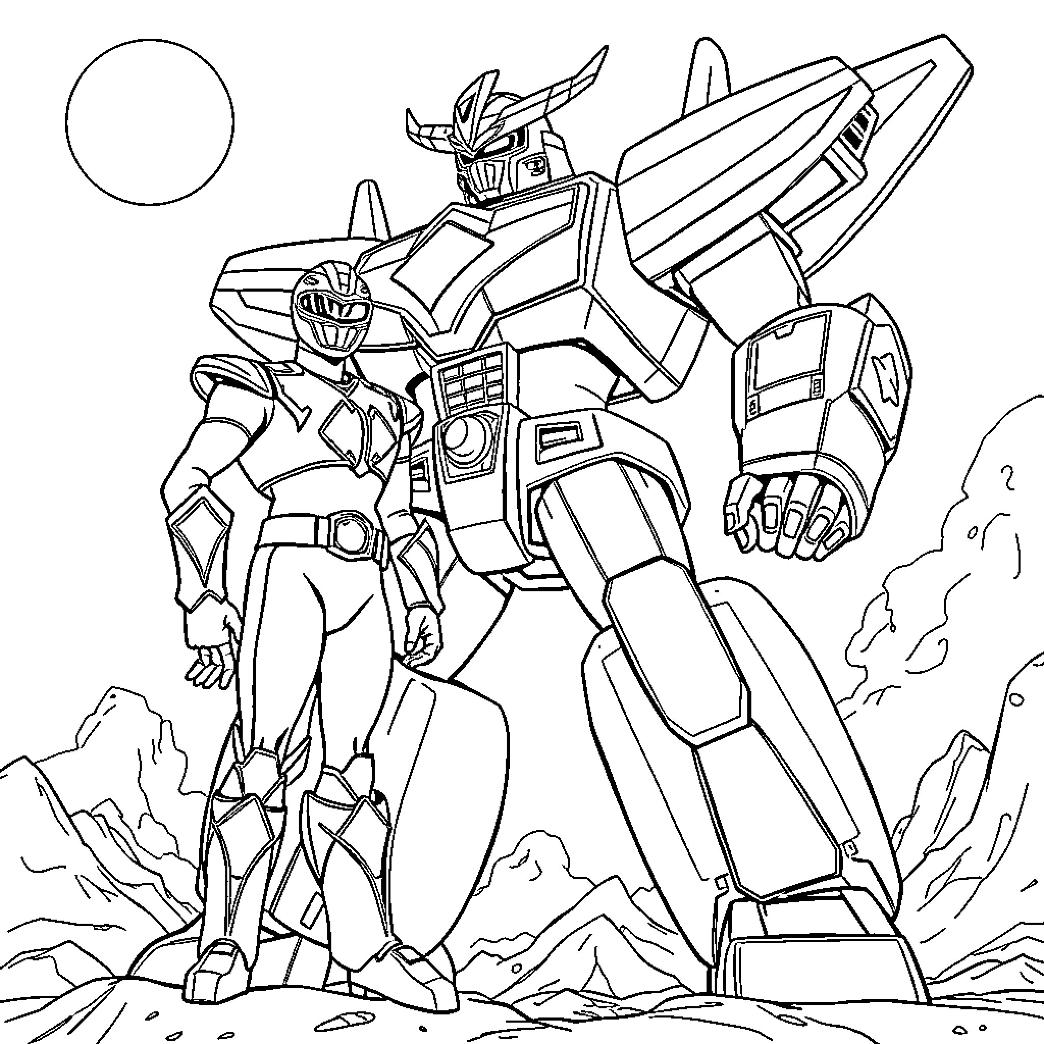 Power Ranger mecha in dramatic action pose Coloring Page (free black-and-white line drawing printable PDF for all, from beginners to advanced learners, including children, teens, adults, and seniors)
