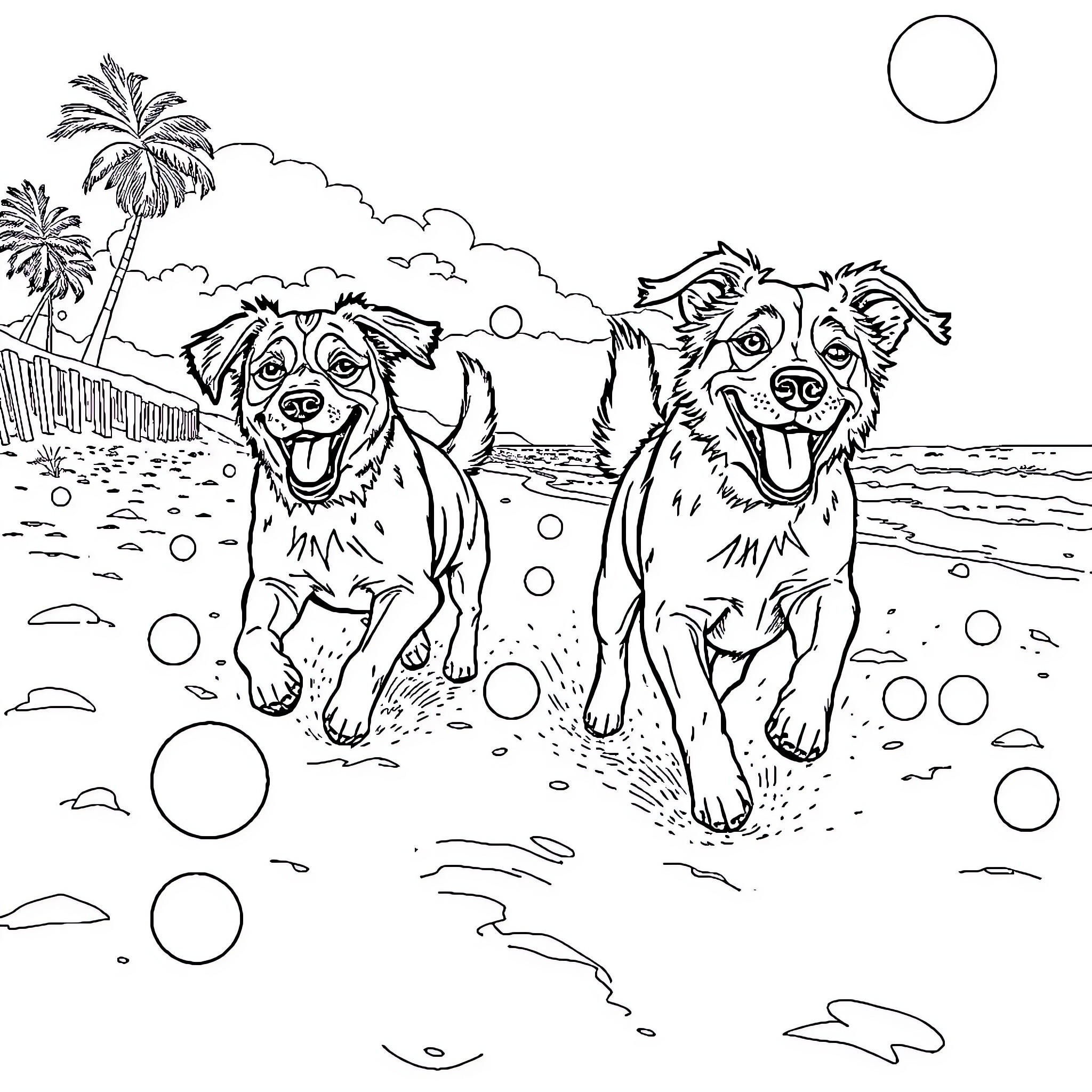 Dog companions playing on the beach Coloring Page (free black-and-white line drawing printable PDF for all, from beginners to advanced learners, including children, teens, adults, and seniors)
